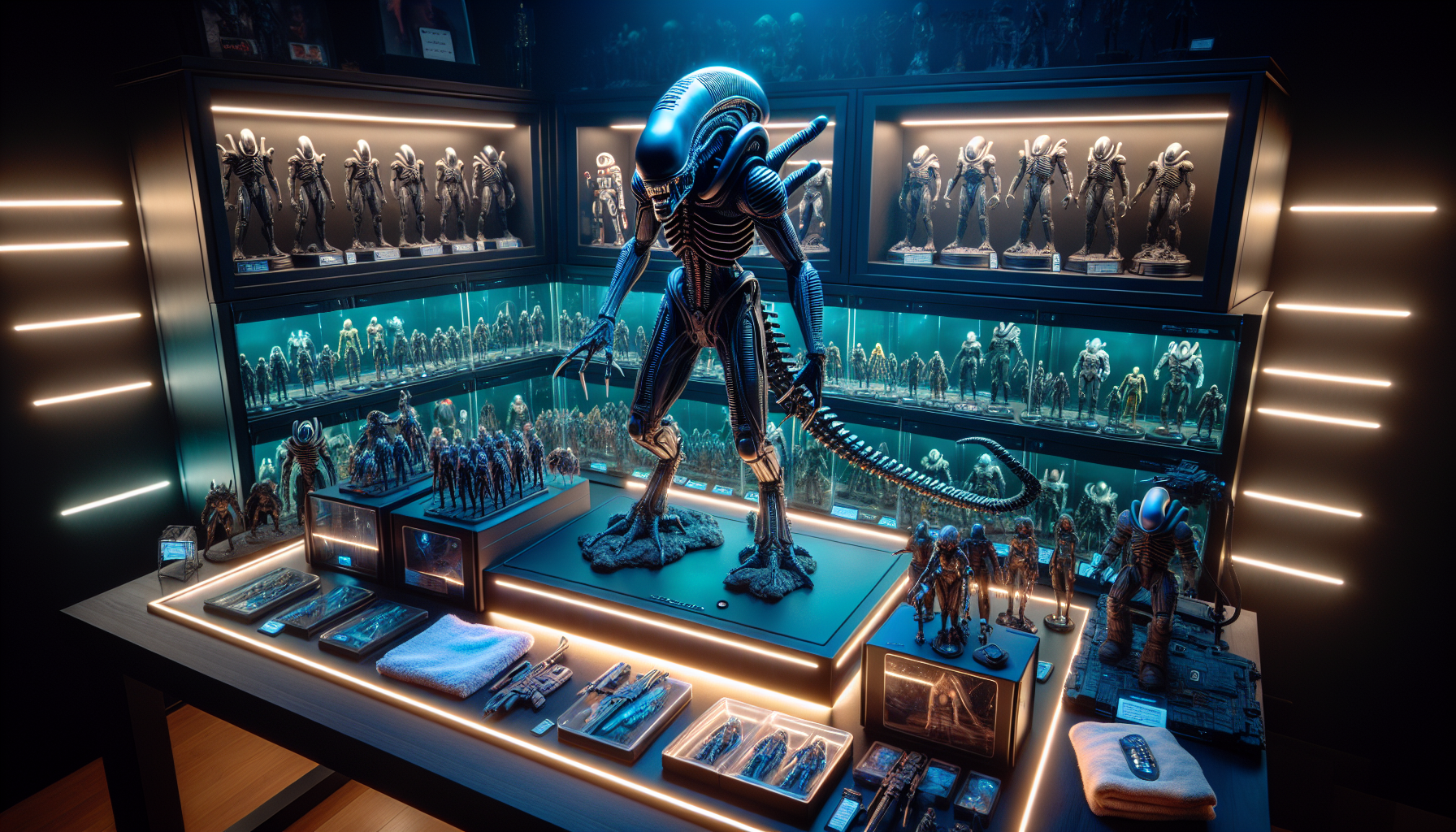 Cinematisk skrivbordsbild med detaljerad Alien‑inspirerad figur, sci‑fi samlarfigurer, LED‑belysning och svensk nördwebbshop i bakgrunden
