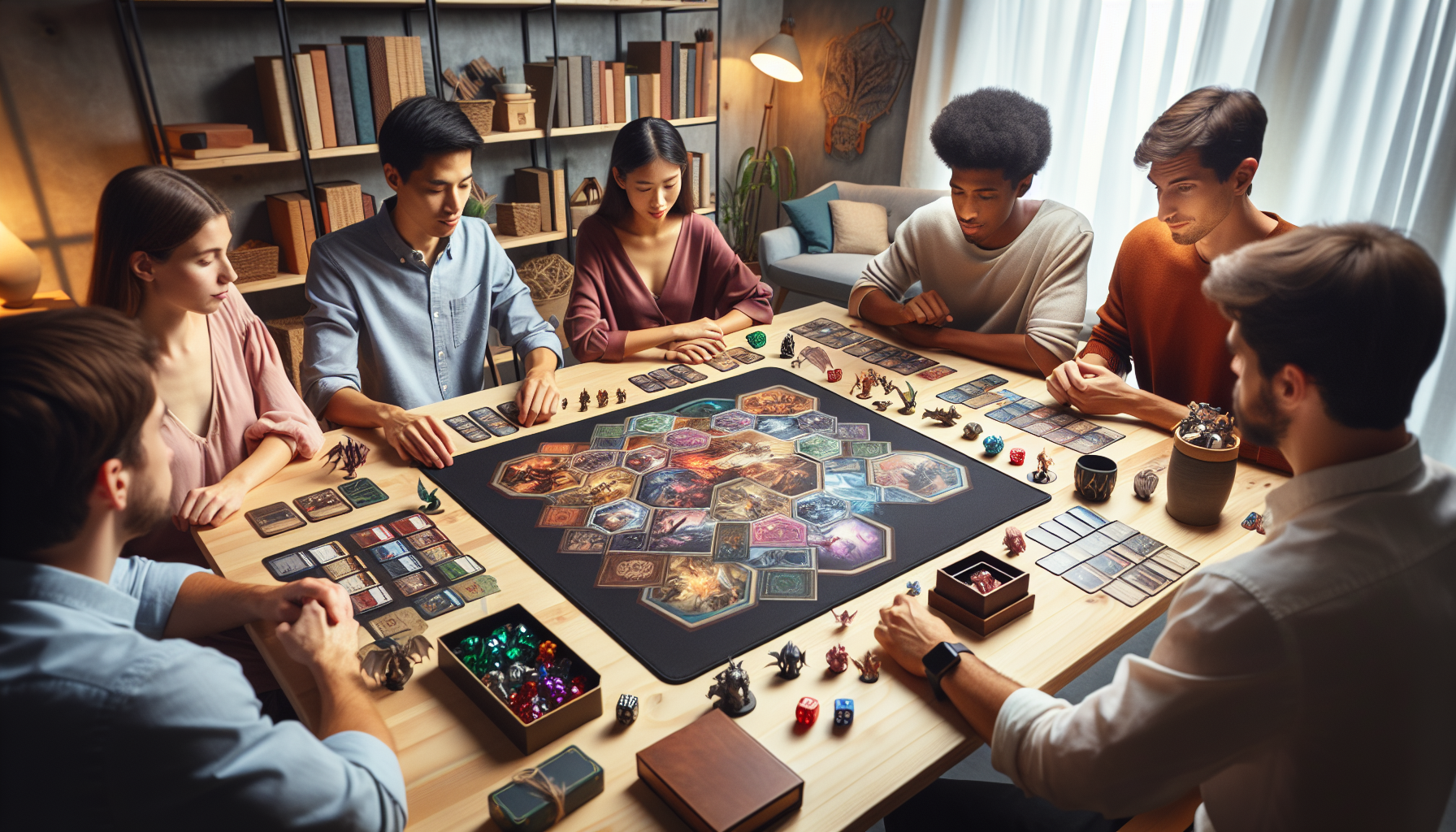 Cinematisk spelkväll i vardagsrum med premium neopren-spelmatta, kort, tärningar och miniatyrer – guide till att välja rätt spelmatta.