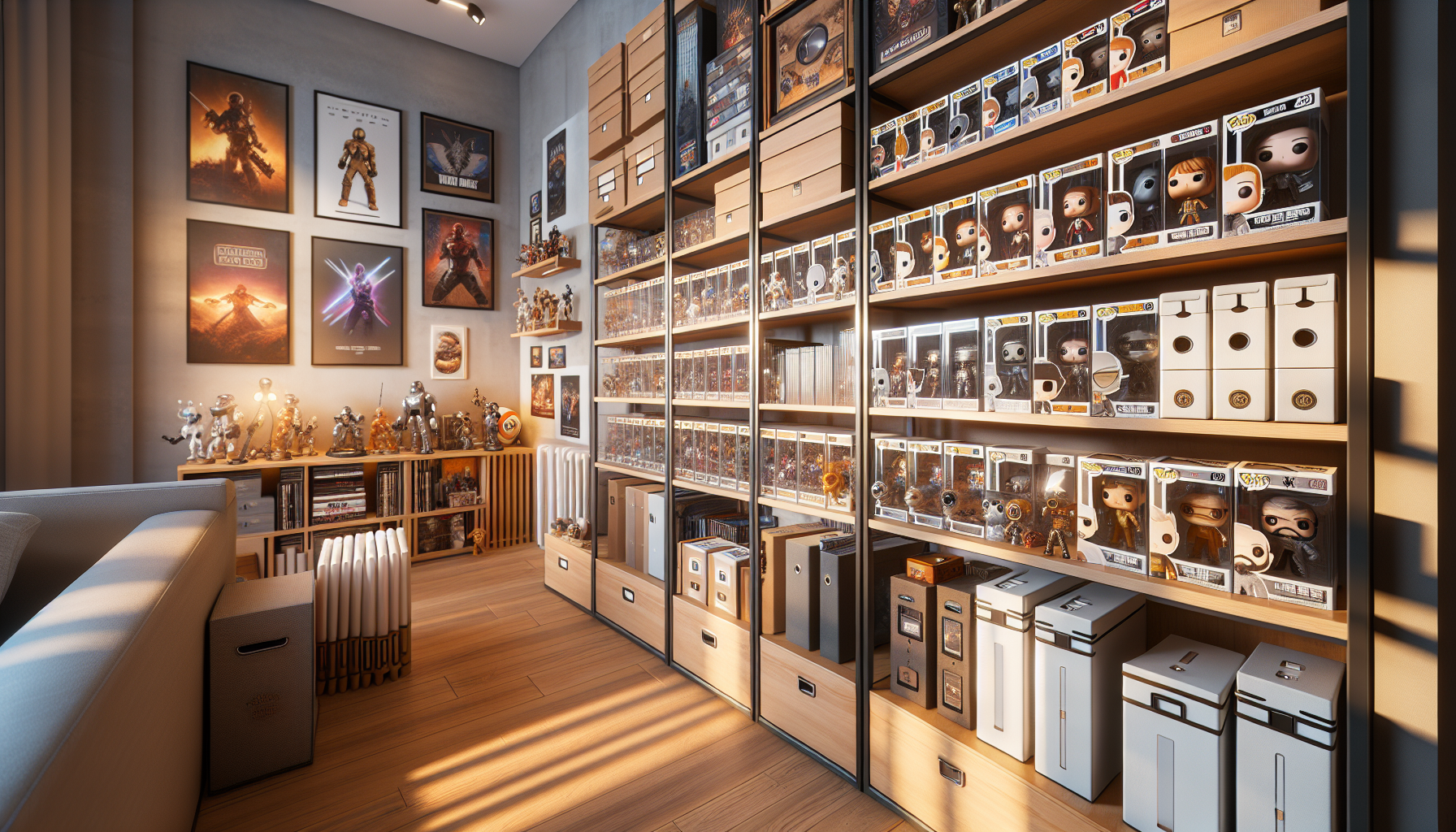 Modern nördsamling i organiserat rum med skyddade samlarfigurer, spel, kort och posters i hyllor, plastfodral och skyddande förvaring