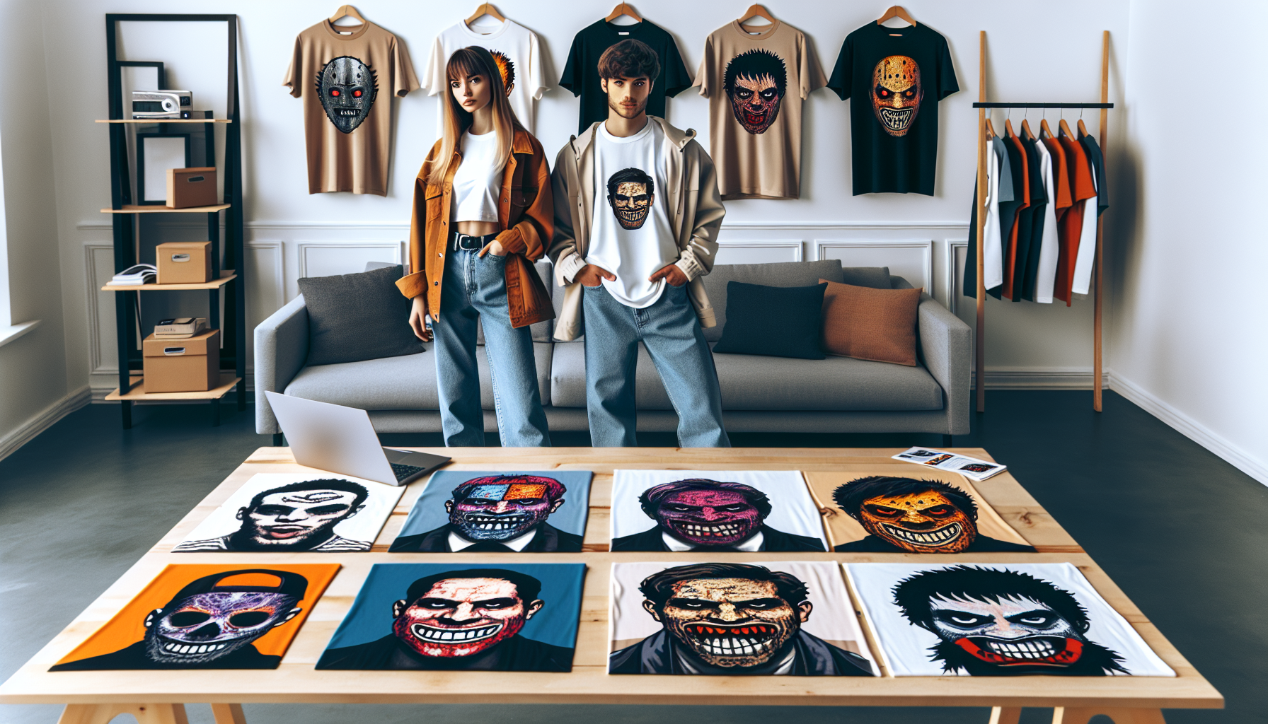 Premium Chainsaw Man T‑shirts i nordisk streetwearmiljö på bord och modeller, visade i ljus studio med svensk webshop på laptop i bakgrunden