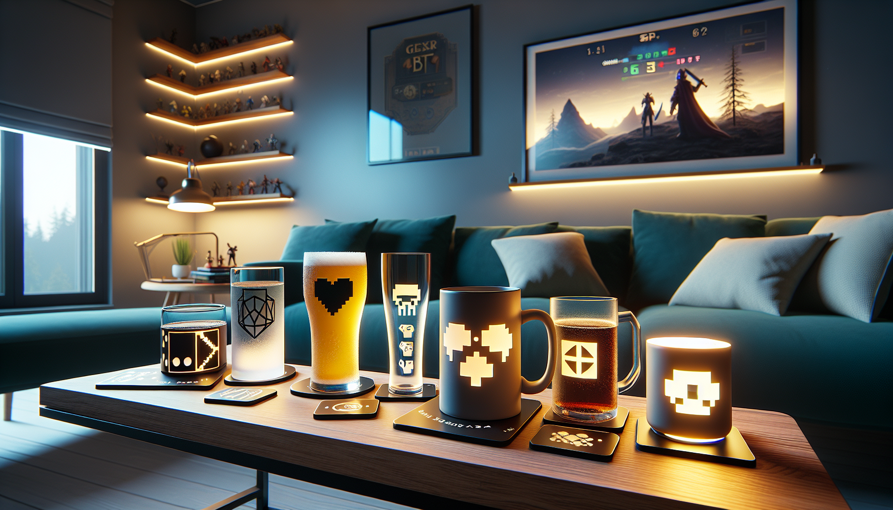 Mysig svensk gamerhörna med nördiga glas och underlägg på soffbord, retro gaming-, sci-fi- och fantasytema, skandinaviskt vardagsrum.