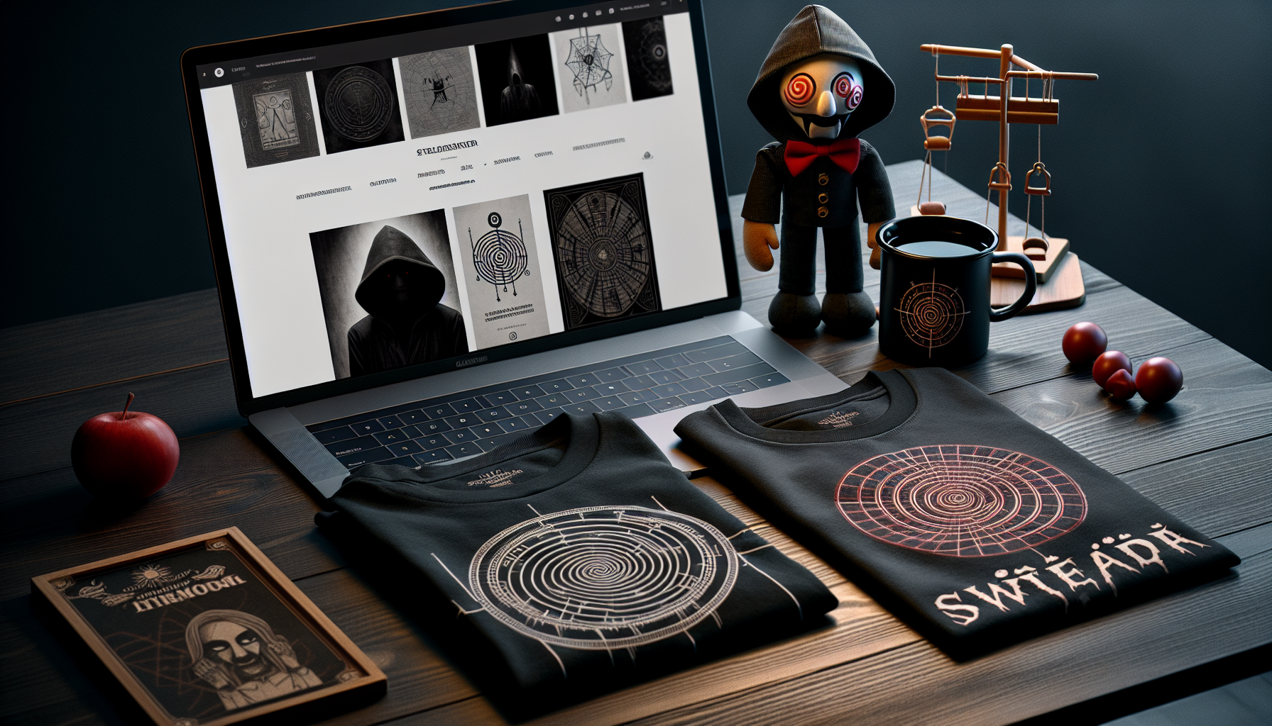 Bloggbild med Saw-inspirerade merch: Billy-docka, T-shirt, mugg, poster och svensk webshop för skräckfans på mörkt träbord