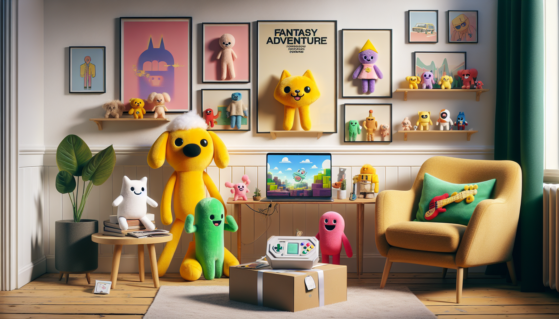 Mysig skandinavisk vardagsrumsscen med färgglada fantasy-gosedjur på hylla, laptop med nördbutik och limited edition-presentpåse.