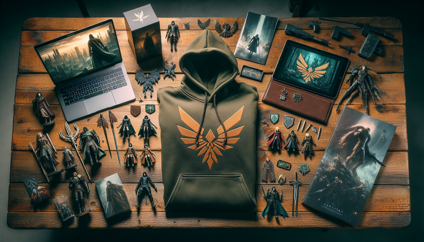 Plattlay med mörk fantasy-anime merch: grön hoodie med vingemblem, figurer, pins, manga och Nerdbutiken.se på skärm, svensk webbshop.