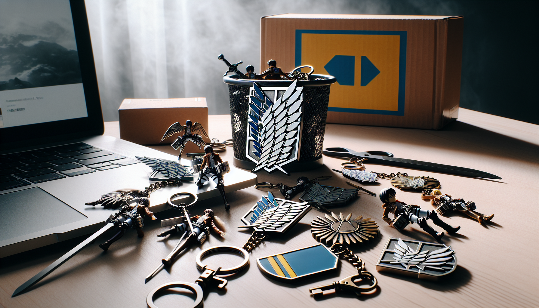 Stilren produktbild med Attack on Titan‑inspirerade nyckelringar från Nerdbutiken.se på ljus bakgrund, mix av metall och PVC, svensk e‑handel.