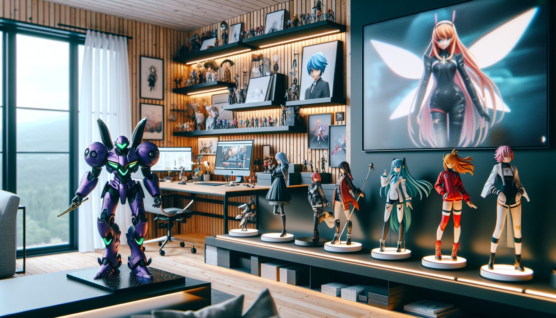 Cinematisk bild på Evangelion-inspirerade premiumfigurer i svensk samlarhylla med LED-ljus, autentiska boxar och skandinavisk inredning.