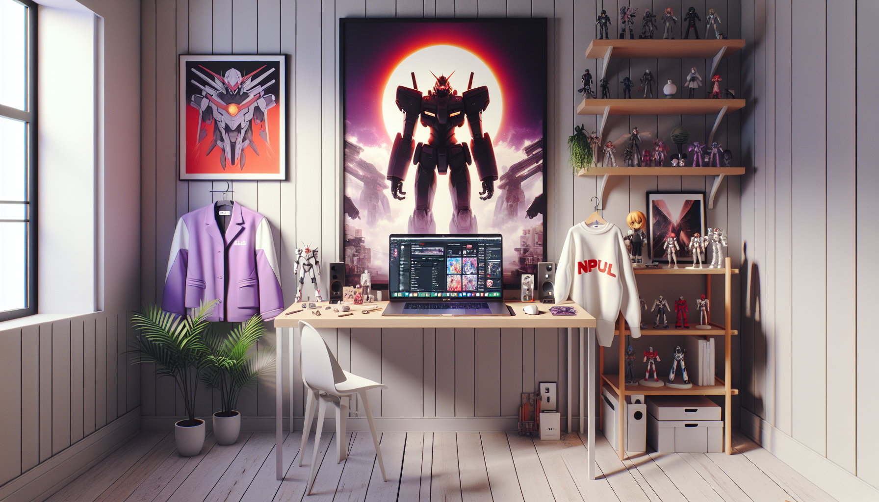 Bred headerillustration av svenskt ecommerce-skrivbord med Neon Genesis Evangelion‑inspirerade merch, laptopwebbshop, mechafigur och posters