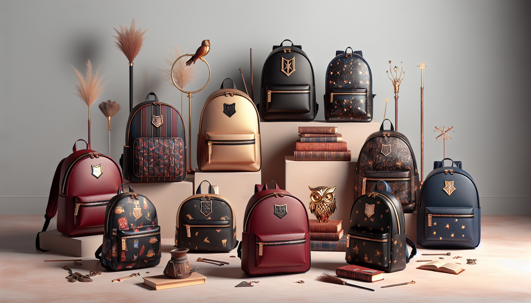 Studiofoto med Harry Potter‑inspirerade ryggsäckar för fans i alla åldrar, Gryffindor‑färger, magiska detaljer och skolväskor på ljus bakgrund