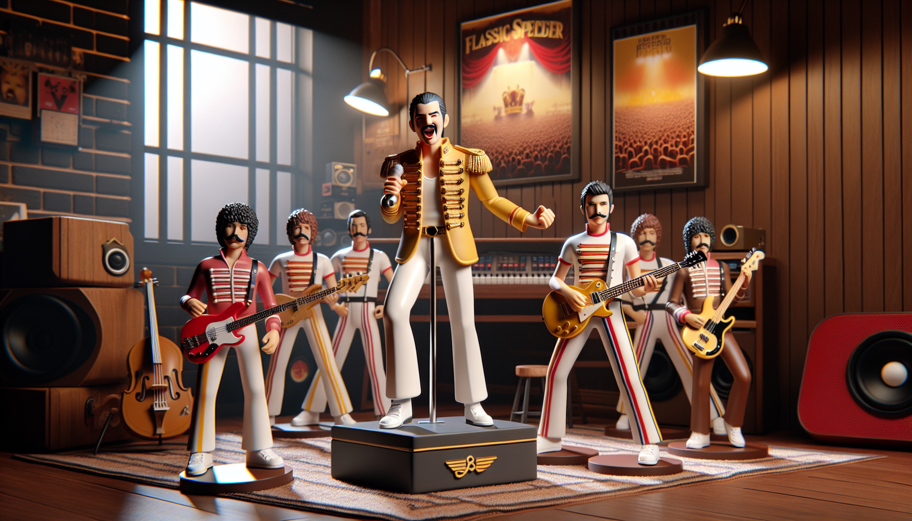 Vinylfigurer inspirerade av Queen på trähylla i mysigt musikrum, detaljerad 3D-produktbild med samlarfokus för rockfans