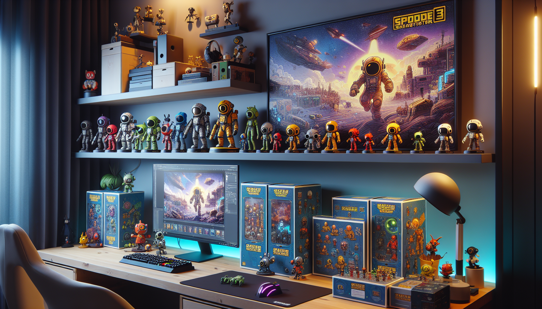 Snygg svensk gaminghörna med Borderlands‑inspirerad figurhylla, RGB‑belysning, dubbla skärmar och webshop för samlarfigurer på skärmen