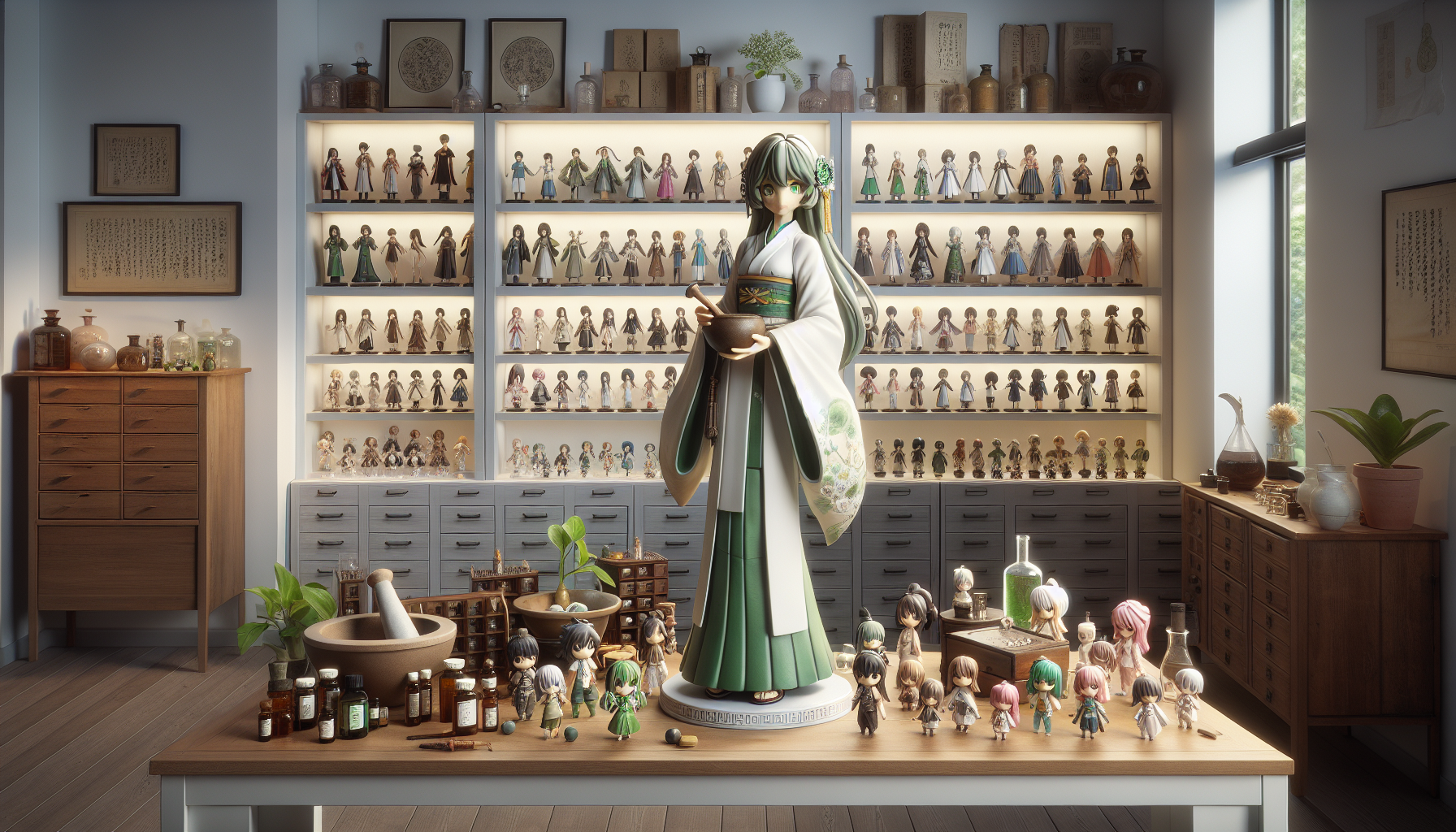 Cinematisk bild av animefigur-samling inspirerad av The Apothecary Diaries på vita hyllor i skandinaviskt rum, premium foto för svensk animebutik