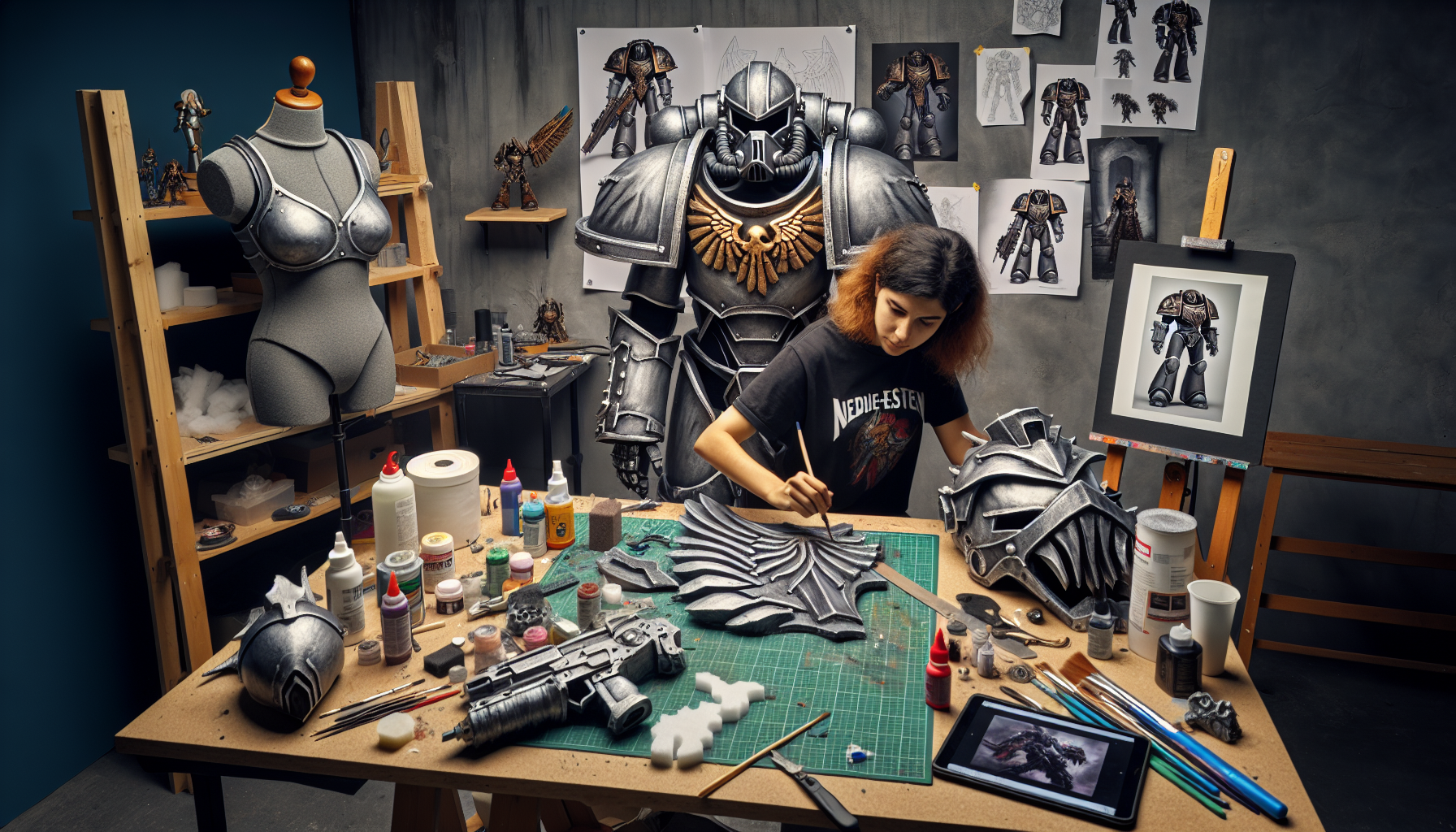 Cosplayer bygger grimdark Warhammer‑inspirerad kraftrustning i svenskt hobbyrum, med EVA‑foam, verktyg och färger på välordnad cosplay‑arbetsbänk.