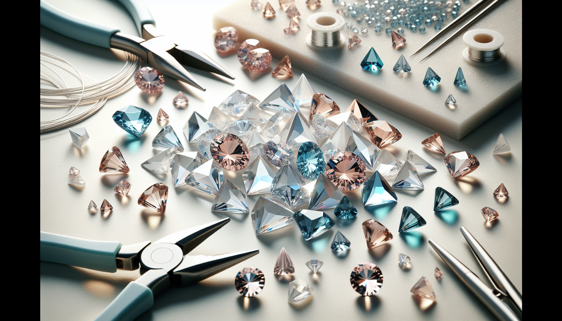 Plattläggning med Swarovski 4706 Trilliant-stenar i klar, ljusrosa, akvamarin och blå på ljus bakgrund, suddiga smyckesverktyg i kanten