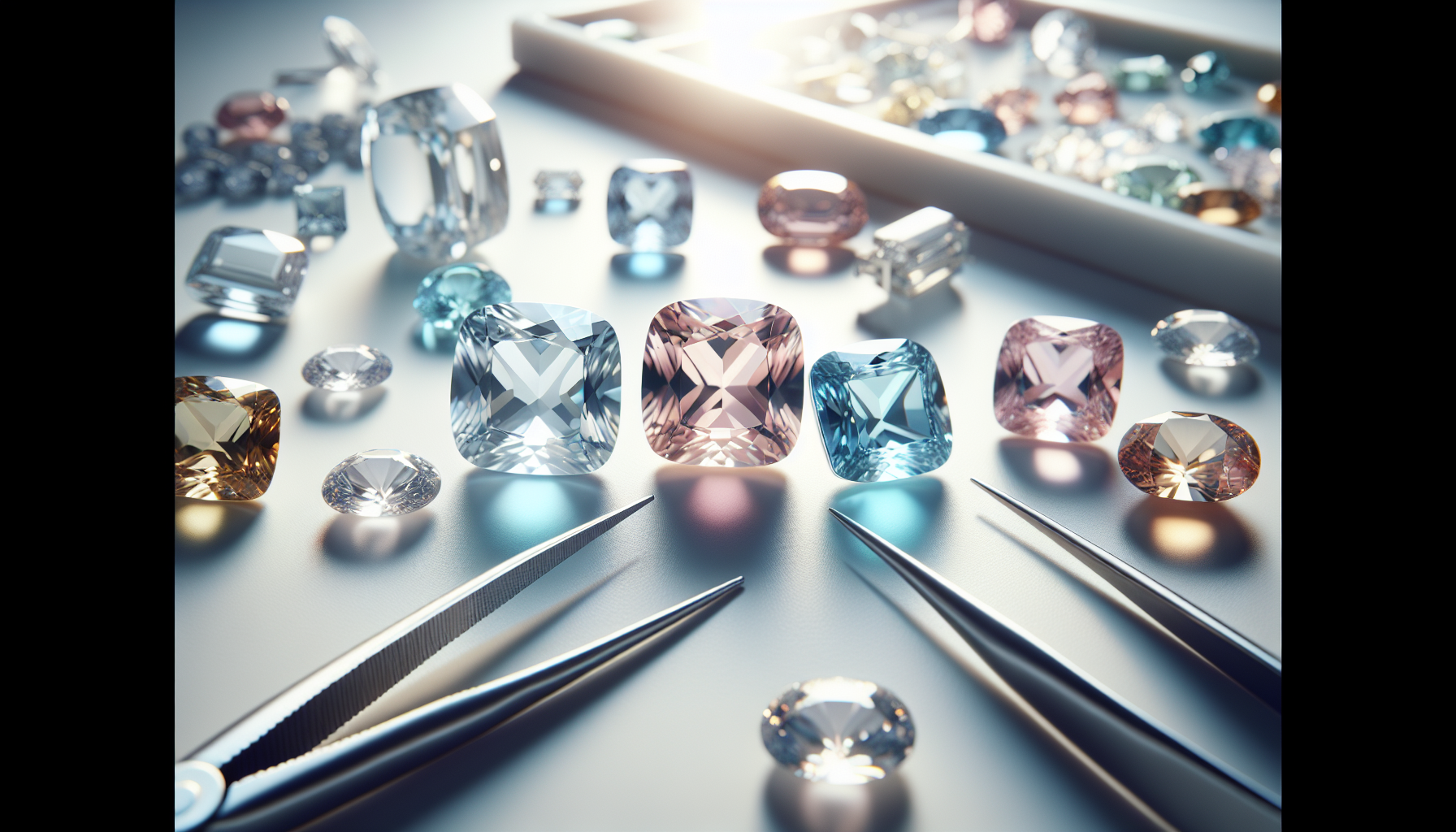 Makrobild på Swarovski 4470 Fancy Cushion‑kristaller i olika färger och storlekar, lyxigt arrangerade som smyckesdelar på ljus bakgrund