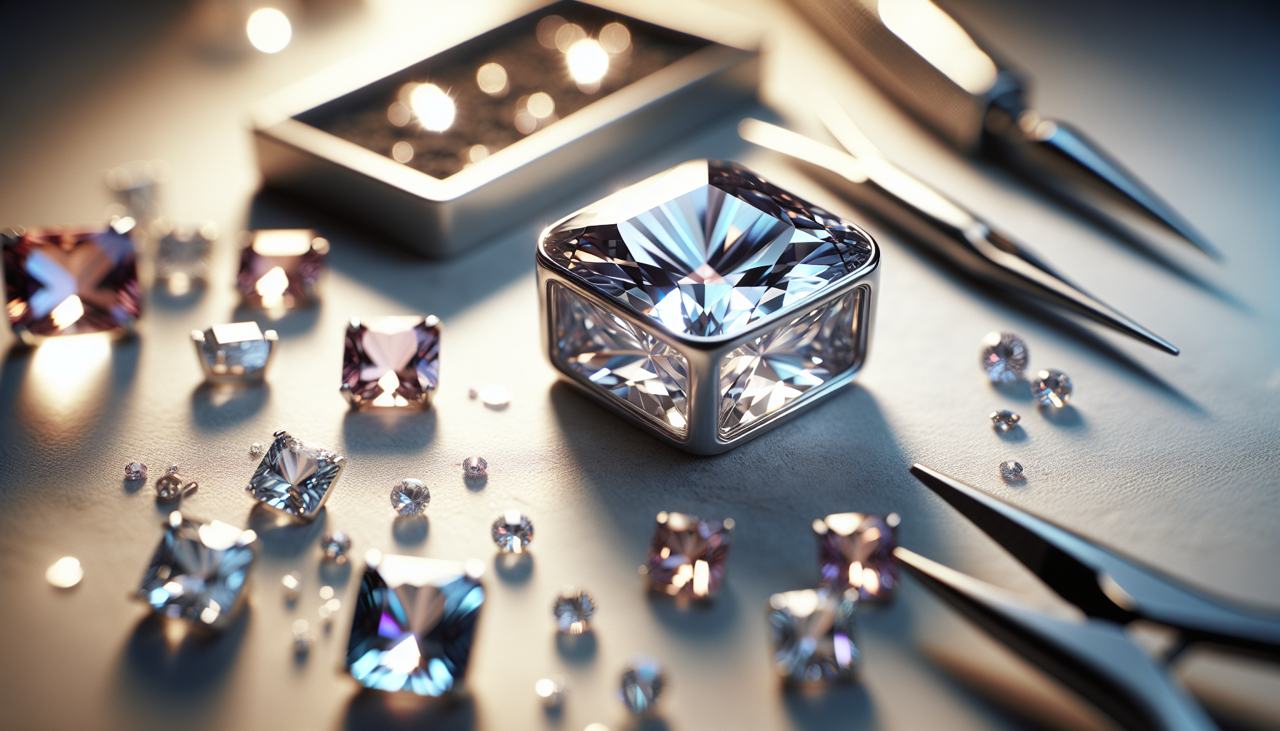 Swarovski 4460 Mystic Square sten i silverinfattning på ljus skandinavisk bakgrund, omgiven av suddiga kristaller och smyckesverktyg.
