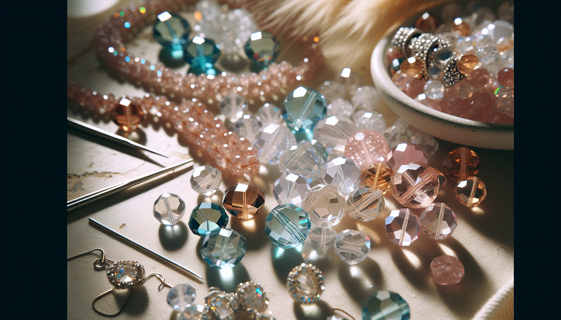 Lyxig produktbild med gnistrande Preciosa bicone kristallpärlor i pastell på ljus bakgrund, smyckestillverkning för skandinaviskt pärlshop online