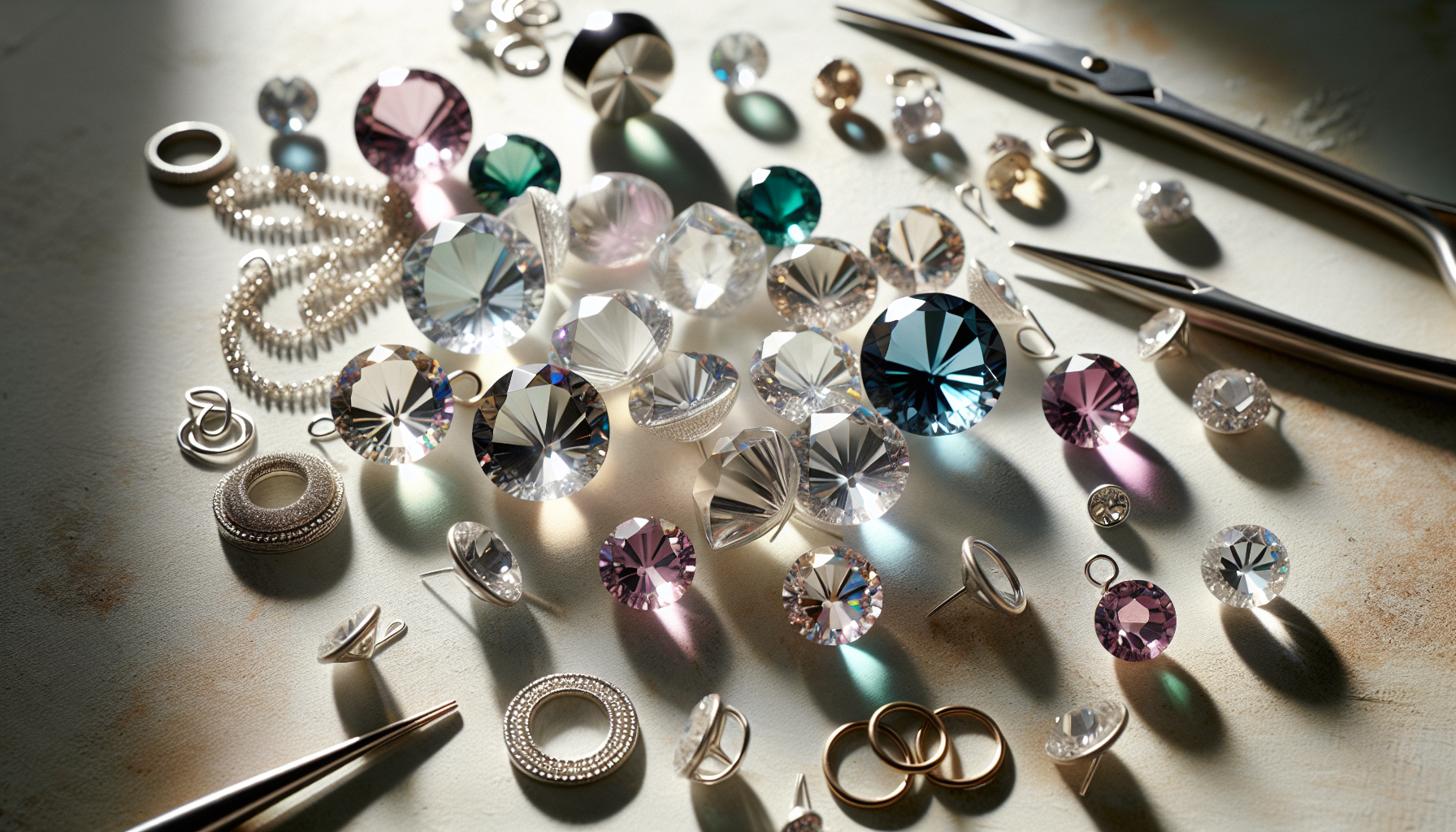 Närbild på Preciosa Rivoli Maxima-kristaller i olika färger med smyckesdelar på ljus skandinavisk arbetsyta, DIY-smyckestillverkning.