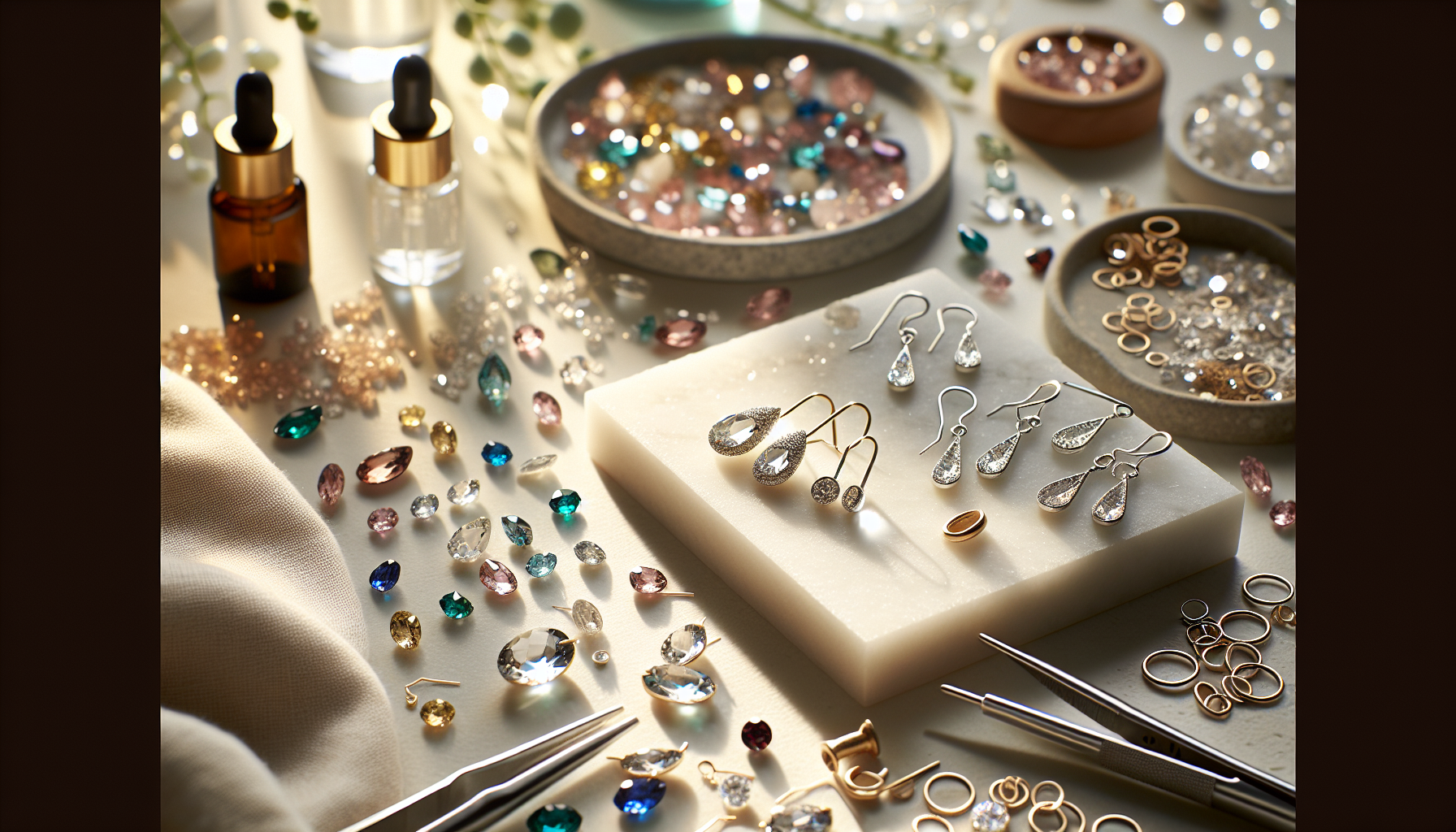 DIY smyckestillverkning med Preciosa droppformade kristaller och örhängen på ljus skandinavisk arbetsyta, modern blogg-bild