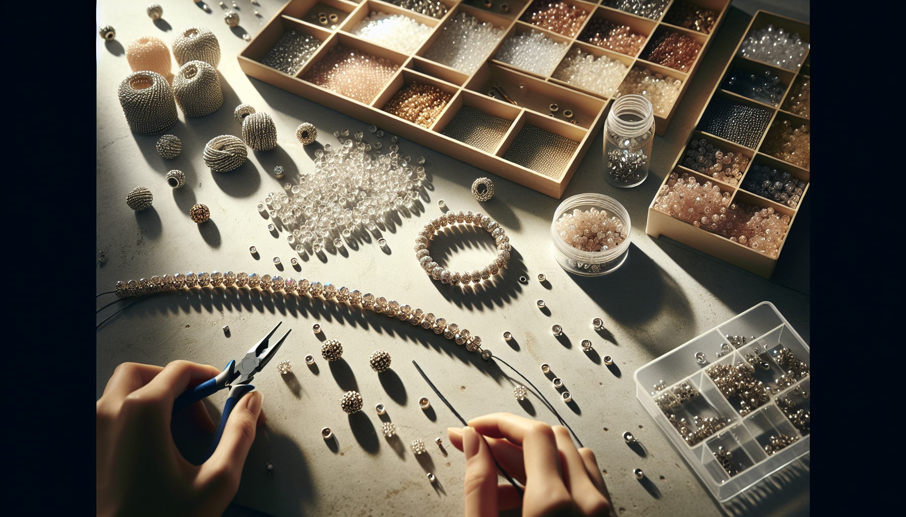 Elegant DIY-scen med Preciosa strassrondeller på armband och halsband, smyckesverktyg runtom. Ljus, skandinavisk stil för smyckesblogg.