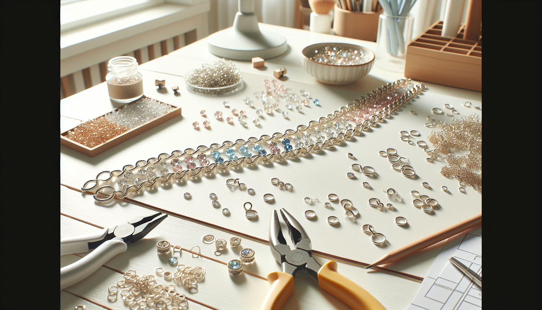 Närbild på strasskedjor i silver och guld med pastellstenar, verktyg för smyckestillverkning och skandinavisk, ljus DIY-ateljé i bakgrunden.
