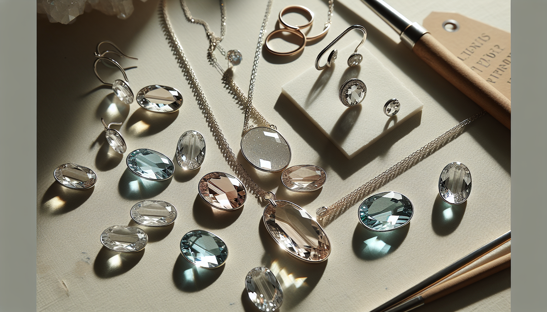 Närbild på handgjorda smycken med Swarovski 4120 Fancy Oval-kristaller på skandinavisk DIY-bakgrund, branding med Hilmaspyssel.se