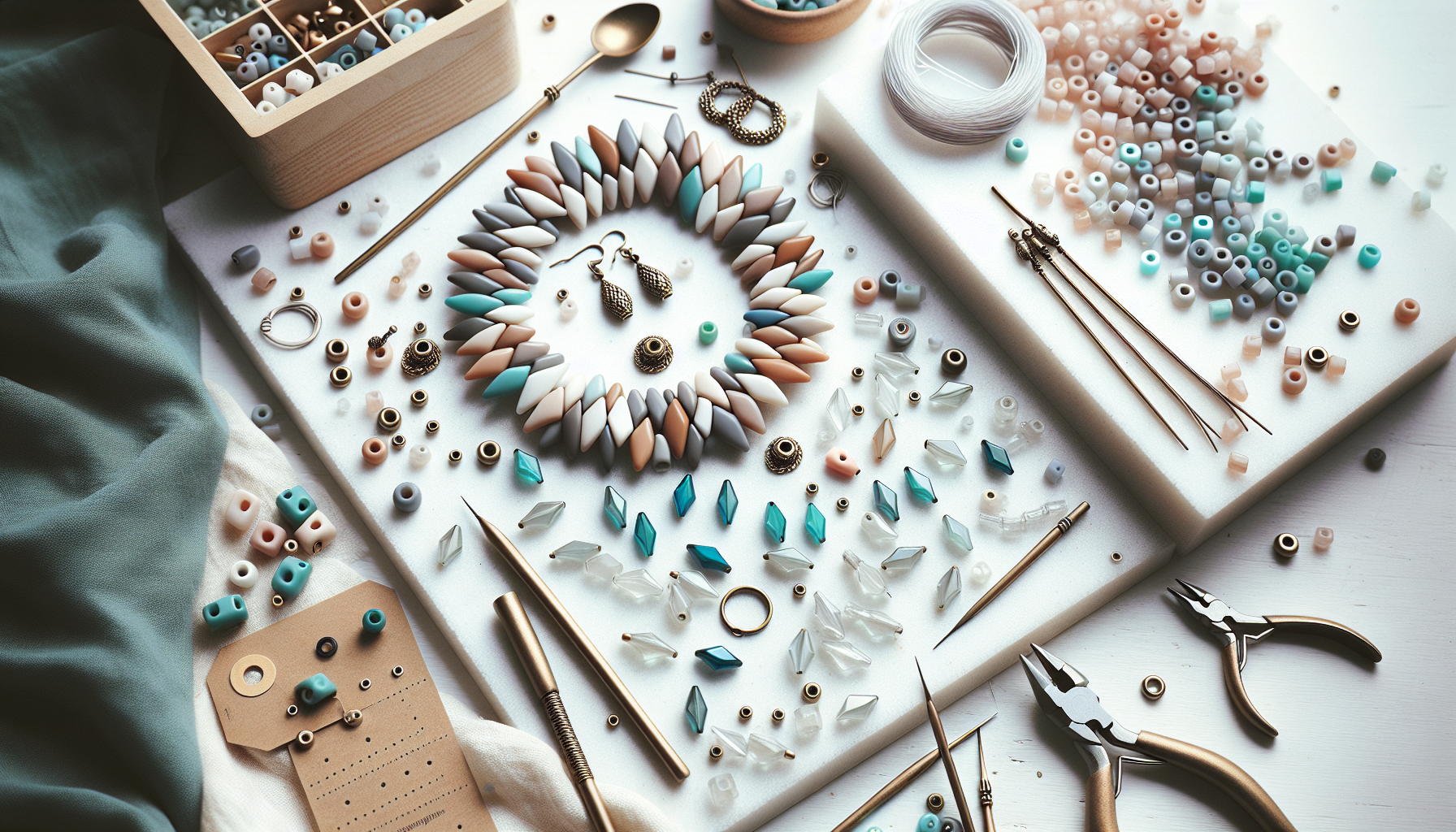 Närbild ovanifrån på Tinos® Par Puca® smyckesarbetsyta med triangulära glaspärlor, armband, örhängen och verktyg hos Hilmaspyssel.se