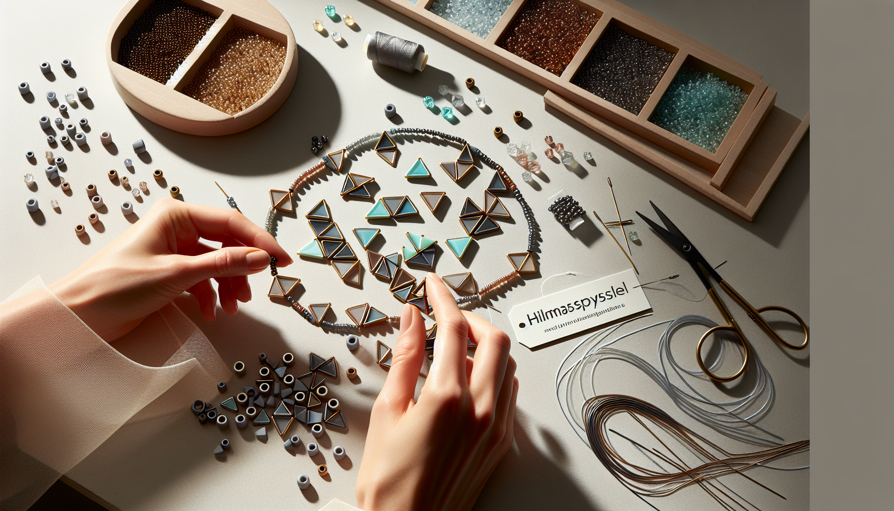 Flatlay smyckestillverkning med Super-KhéopS® triangulära dubbelborrade glaspärlor i mixade färger, halsband, armband, örhängen hos Hilmaspyssel.se