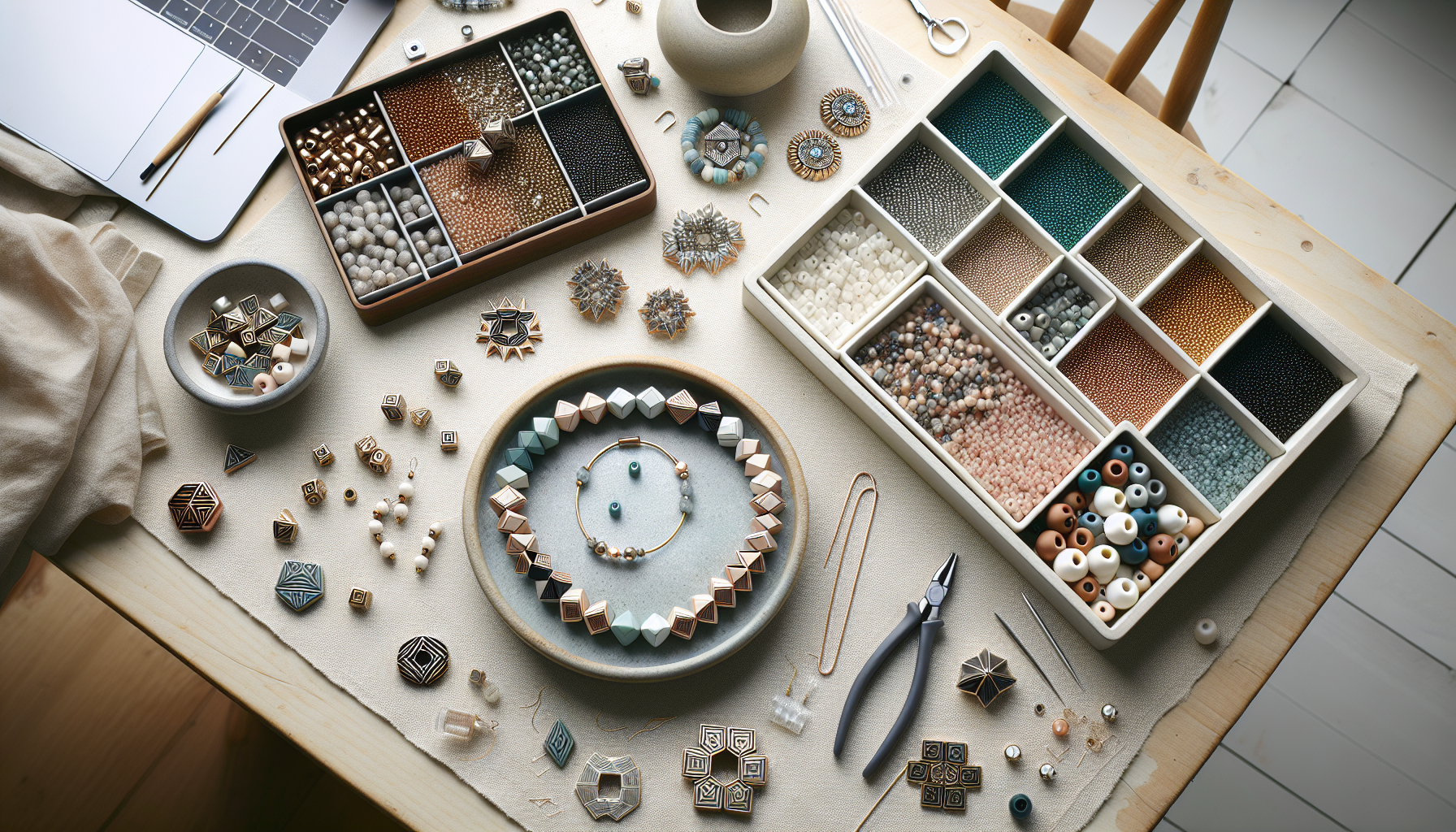 Ljus overhead-bild av nordisk smyckesverkstad med Athos® par Puca®-pärlor, armband, örhängen och halsband för svensk online bead shop-guide.