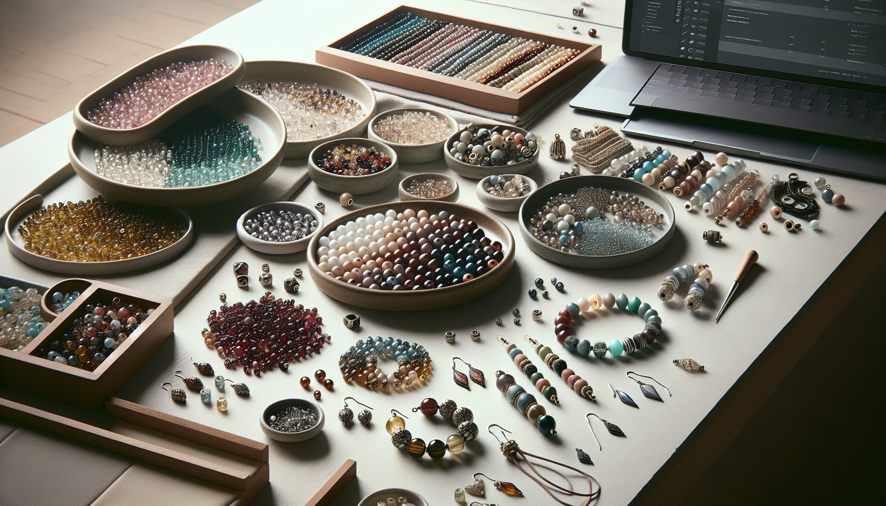 Lyxiga franska Hélios® tvåhålsglaspärlor i skandinaviskt smyckesmakeri, flatlay med armband, örhängen och diskret laptop för webbshop.