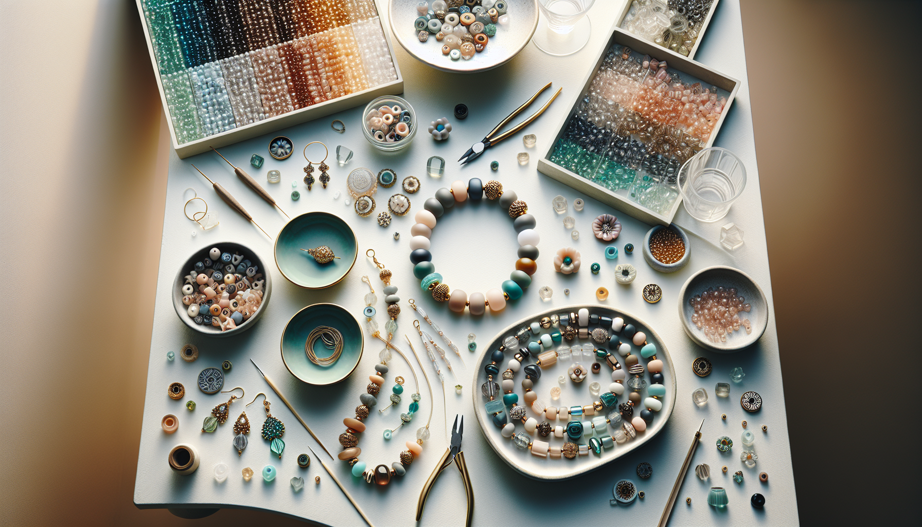 Flatlay med elegant smyckesverkstad: Kos Par Puca tjeckiska glaspärlor, halvfärgat armband, örhängen, sorterade pärlor och verktyg på linne.