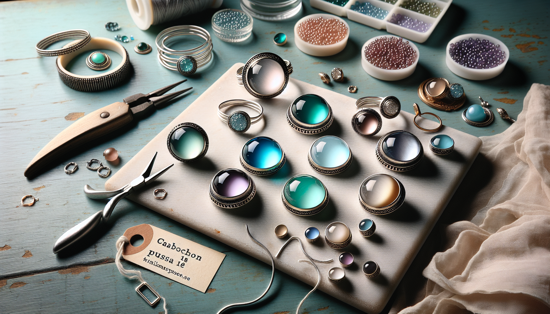 Närbild DIY-smyckesbord med Cabochon par Puca 18 mm i turkos, ametist, champagne, pärlvit samt verktyg från Hilmaspyssel.se