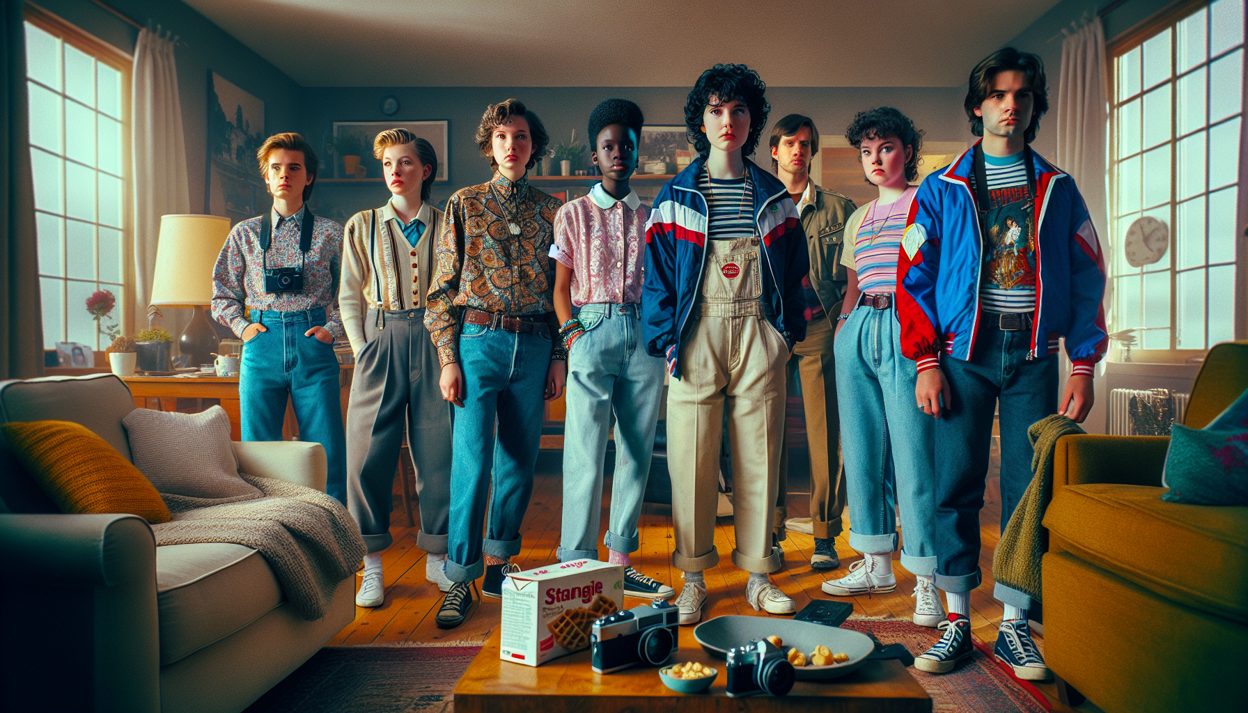 Diverse svenska fans i 80-talsinspirerad sci-fi cosplay i vardagsrum, med DIY-kostymmaterial – guide för Stranger Things-liknande cosplay.