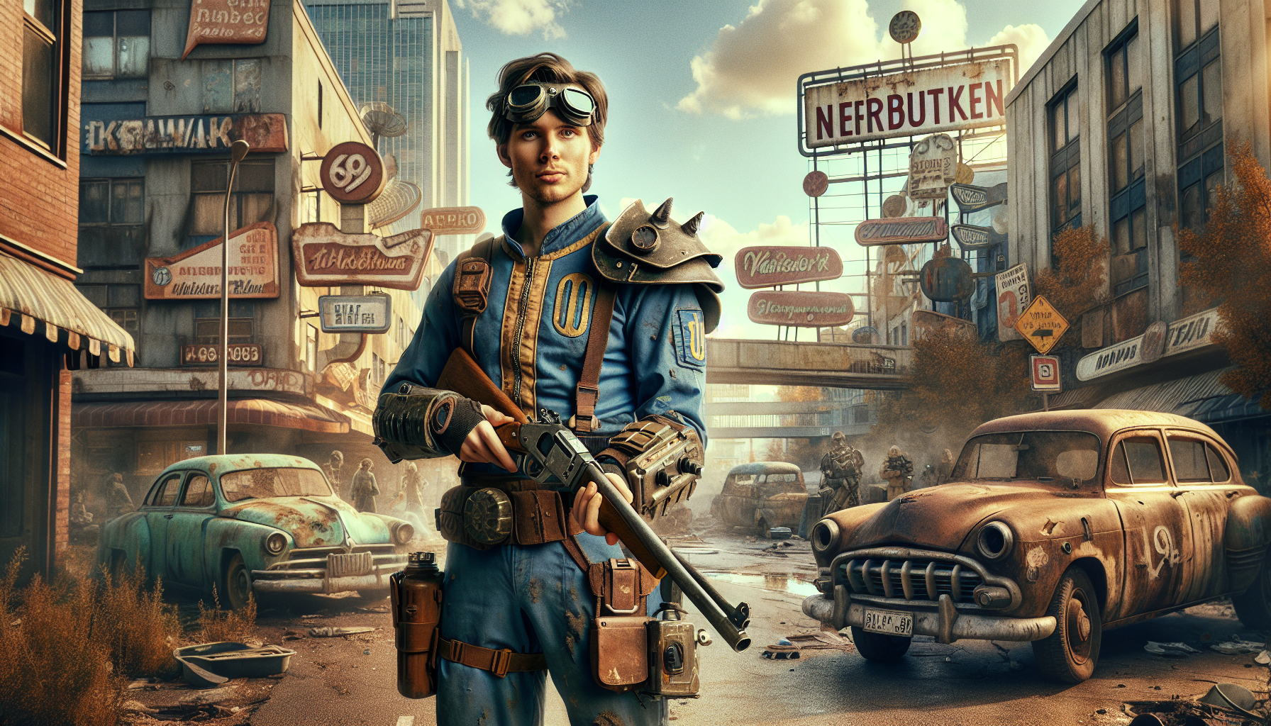 Cosplayer i retrofuturistisk wastelander‑dräkt i postapokalyptisk svensk stadsmiljö, headerbild för guide om Fallout‑inspirerad cosplay