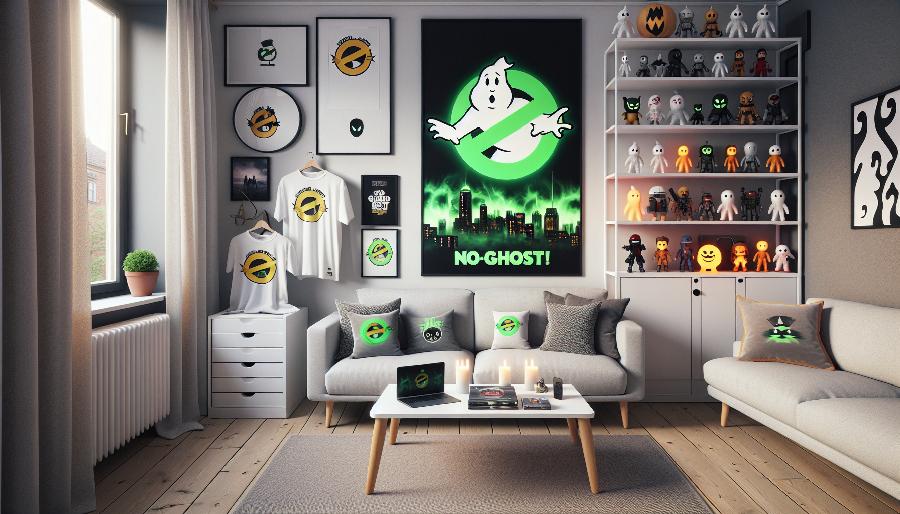Modern svensk vardagsrumsmiljö med Ghostbusters‑inspirerade prylar och Nerdbutiken.se på laptop – guide till fanmerch online i Sverige