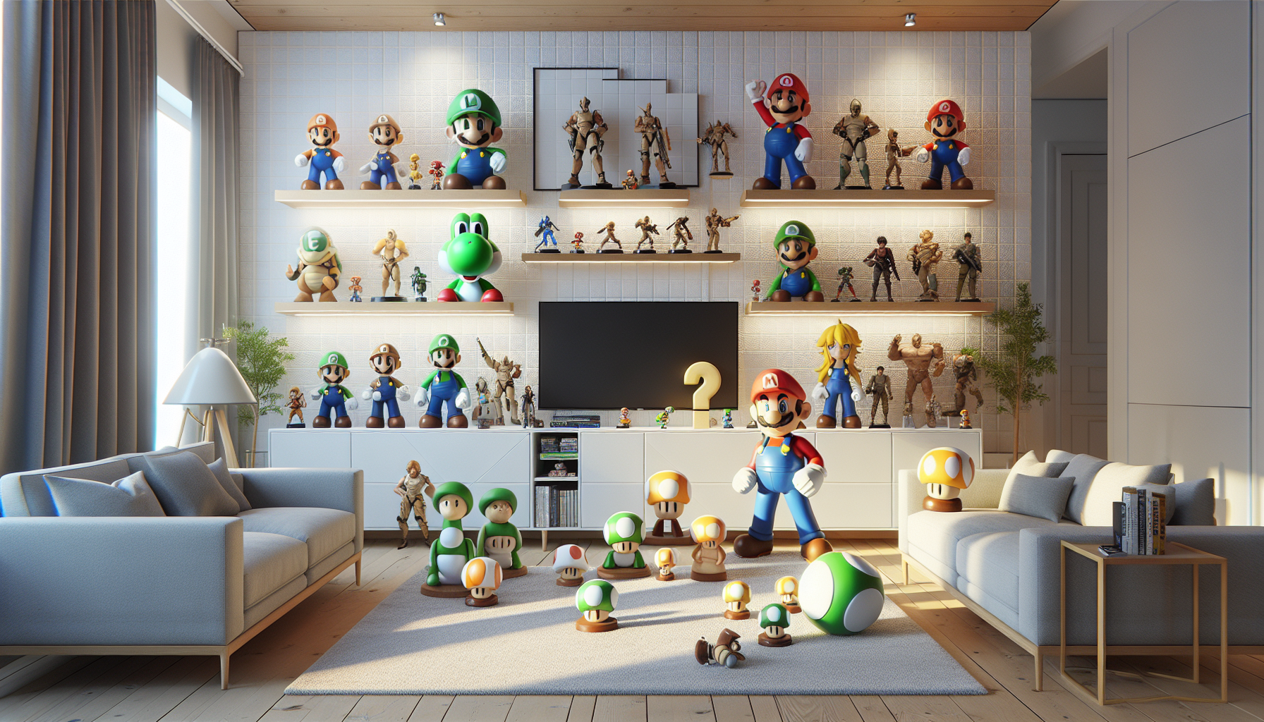Stilren samlarhylla med Super Mario-figurer i skandinaviskt vardagsrum – guide för att köpa Nintendo-samlarfigurer online