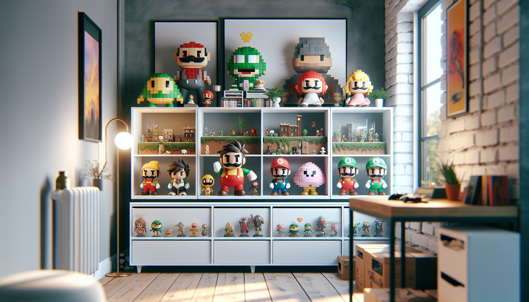 Svensk samlares skrivbord med stiliserade vinylfigurer inspirerade av klassiska plattformshjältar, prydligt uppställda i POP-liknande lådor.