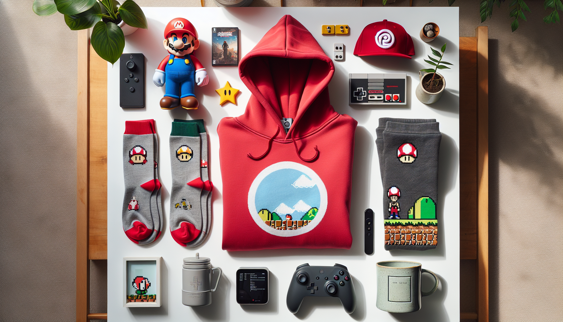 Plattlay med Super Mario‑inspirerat merch: röd hoodie, blå keps, gamingstrumpor, figuriner, handkontroll och mugg i skandinavisk designstil.