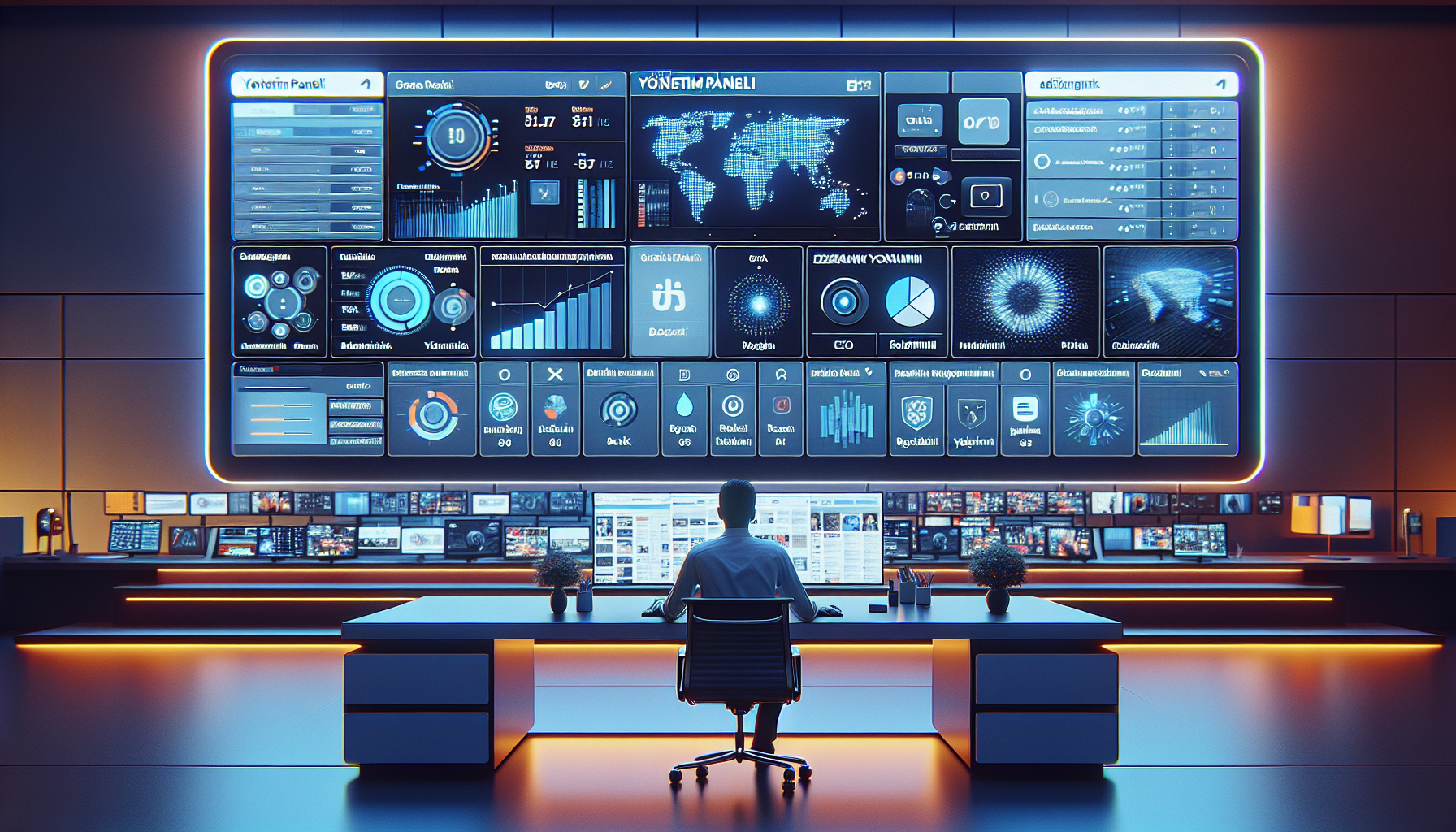 Türk haber yazılımı görseli: editör, yönetim paneliyle çoklu haber sitesi, içerik yönetimi, SEO ve analizli dijital haber odası.