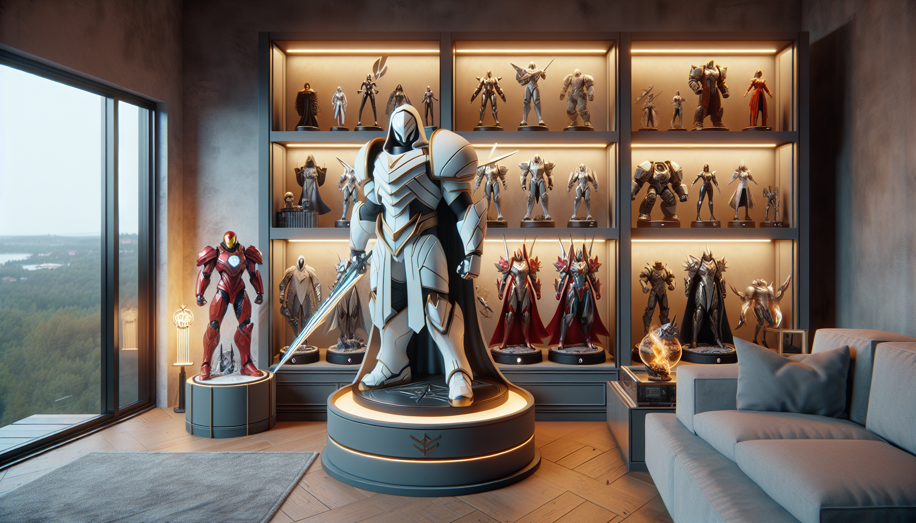 Bred banner med lyxiga fantasy- och sci‑fi‑statyer i skandinaviskt samlarrum i Sverige, premium collectibles, e‑handelssida med texten “Nerdbutiken”.