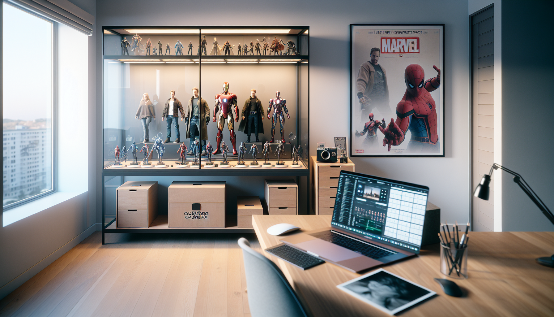 Cinematisk bild av samlarrum med glasmonter fylld av hyperrealistiska 1/6-figurer, nordisk inredning och laptop med svensk nördwebbshop