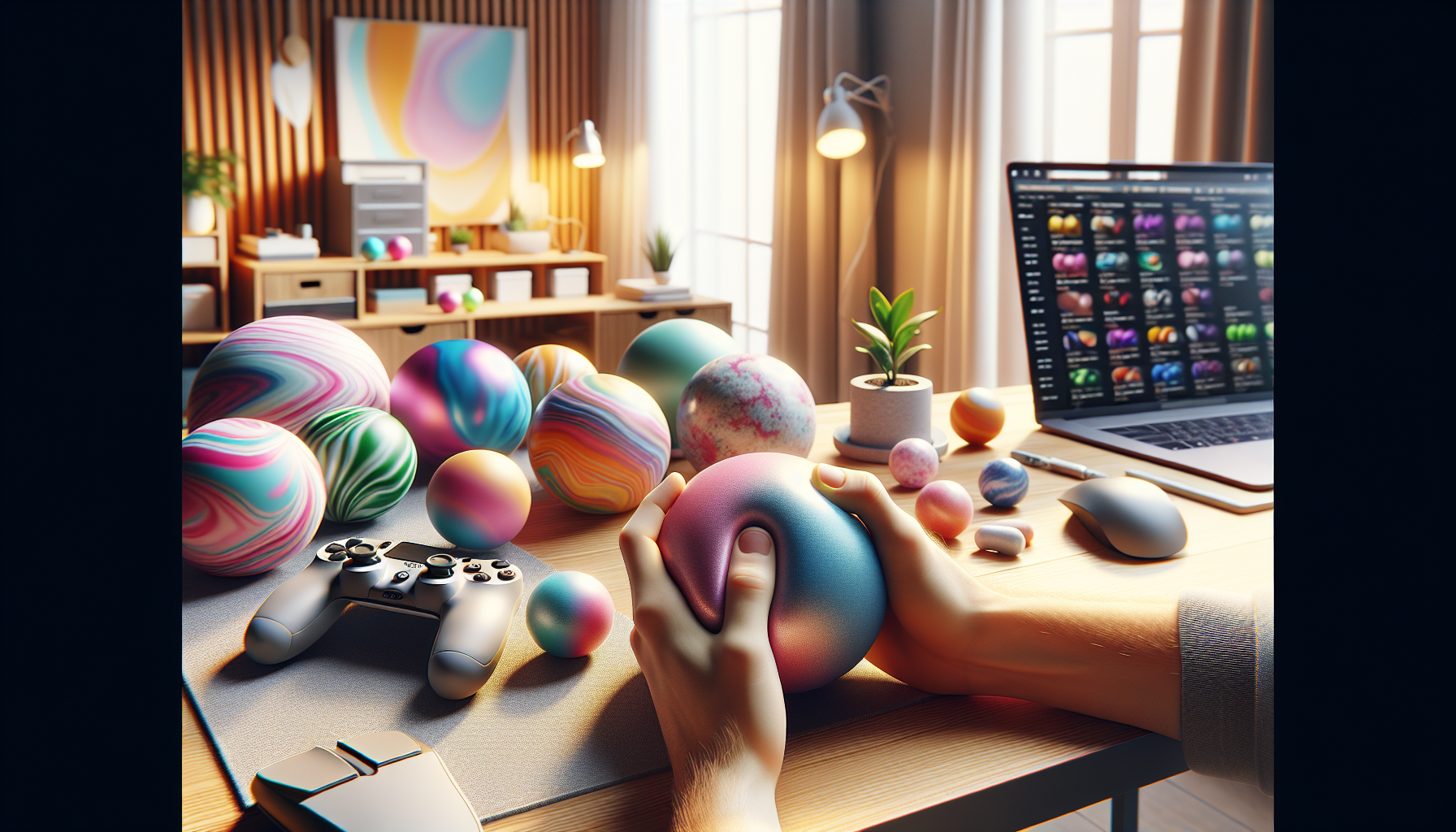 Vuxna händer klämmer färgglada NeeDoh-stressbollar på stilrent svenskt skrivbord med laptop, gamingtillbehör och mysigt hemmakontor i bakgrunden
