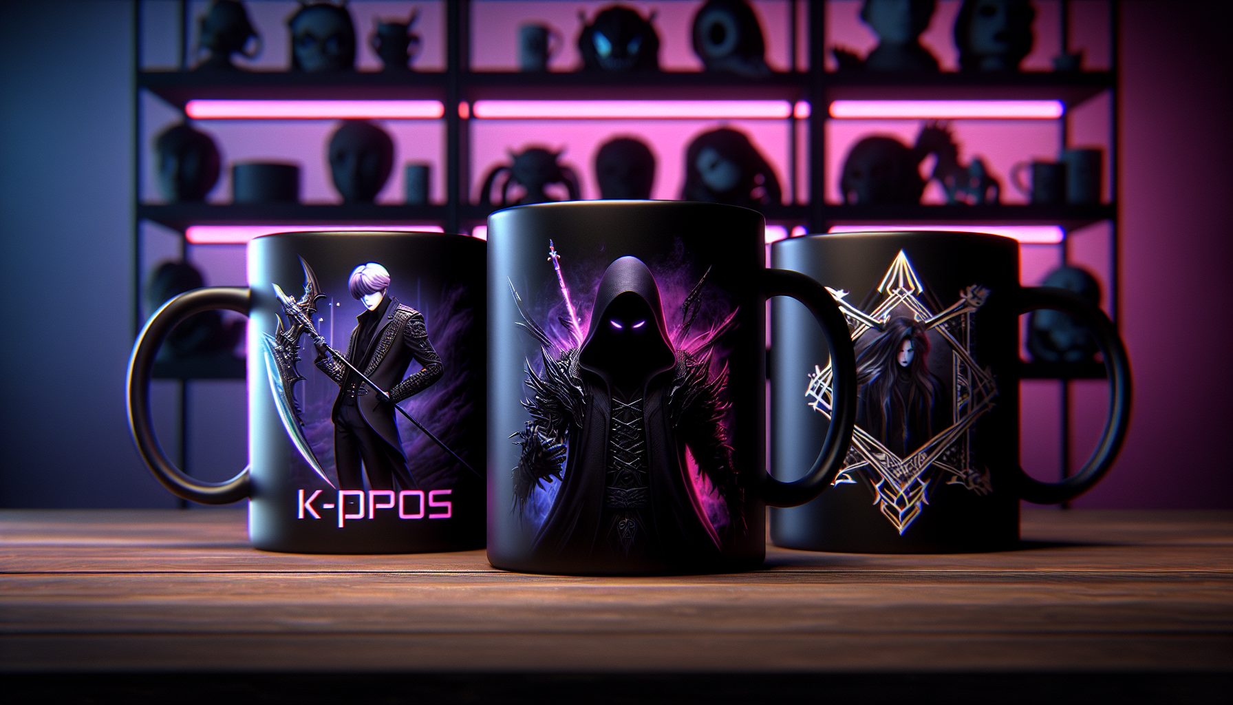Tre K‑pop Demon Hunters-keramikkoppar på mörkt träbord i nerdbutik, premium produktfoto med mörk fantasy, neonfärger och vardaglig fandomstil.