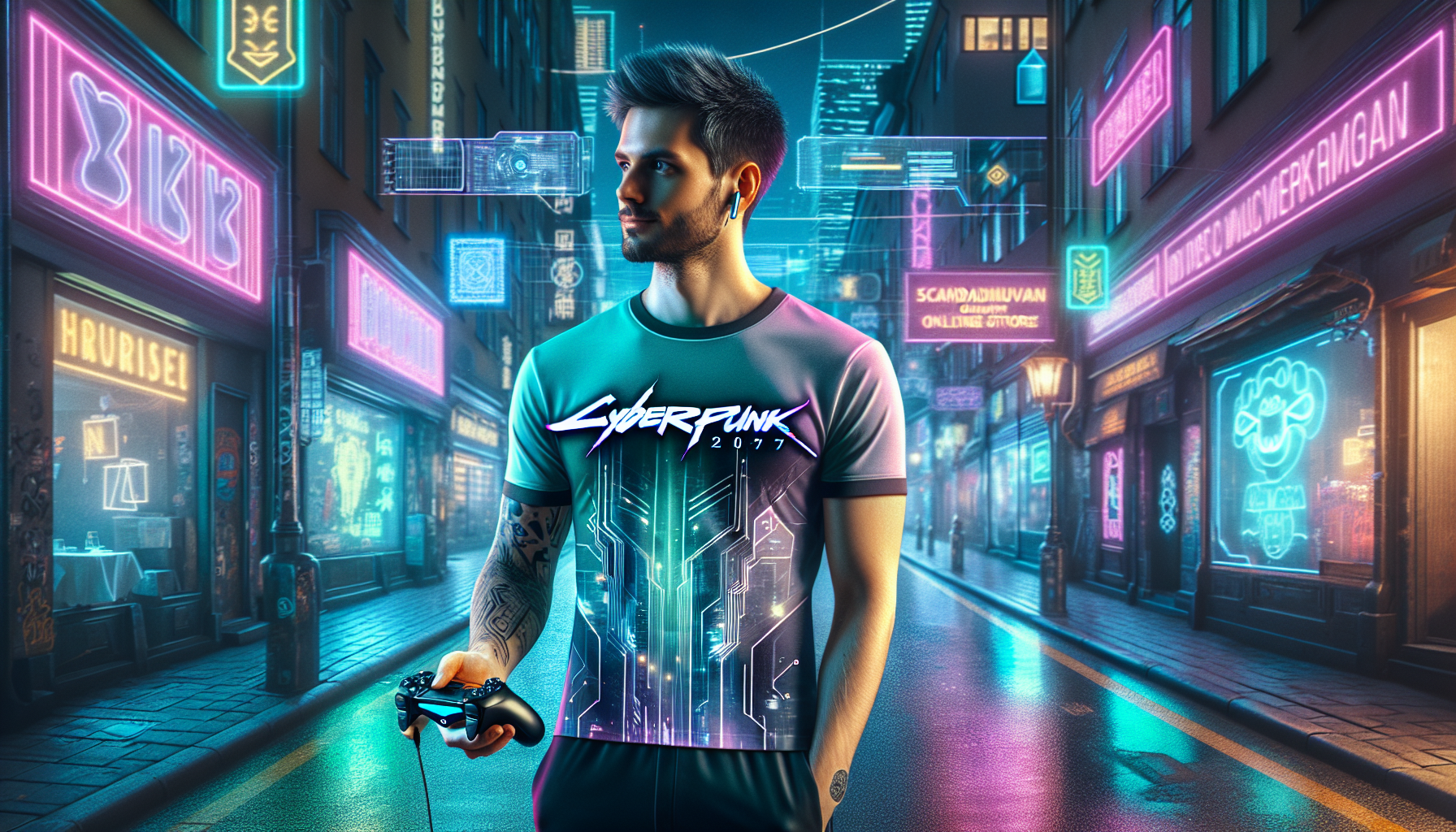 Svensk gamer på neonupplyst cyberpunk-gata i Stockholm bär högkvalitativ Cyberpunk-inspirerad T-shirt, fokus på tyg, tryck och livsstil.