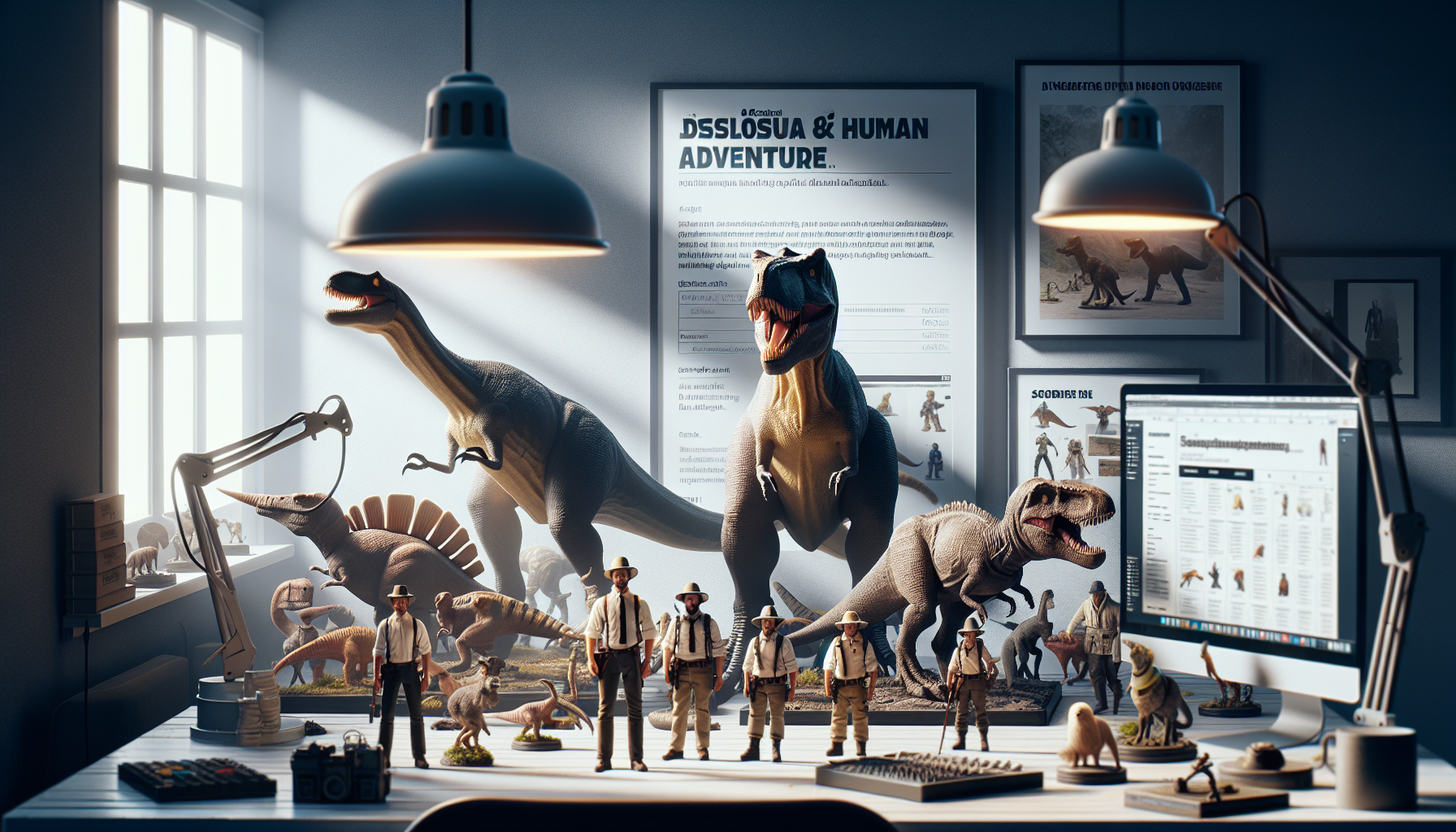 Snygg skrivbordsbild med Jurassic Park‑inspirerade dinosauriefigurer och samlarstatyer, framför svensk webshop om att samla dinosaurie‑merch.