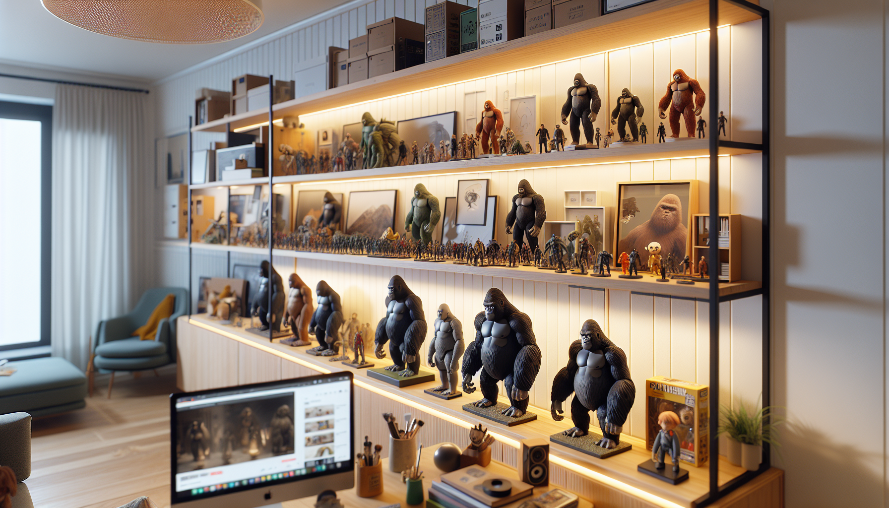 Wide image of a collector's shelf with King Kong-like monster figures, LED-lit in a modern Scandinavian living room setting with Swedish nerdy decor