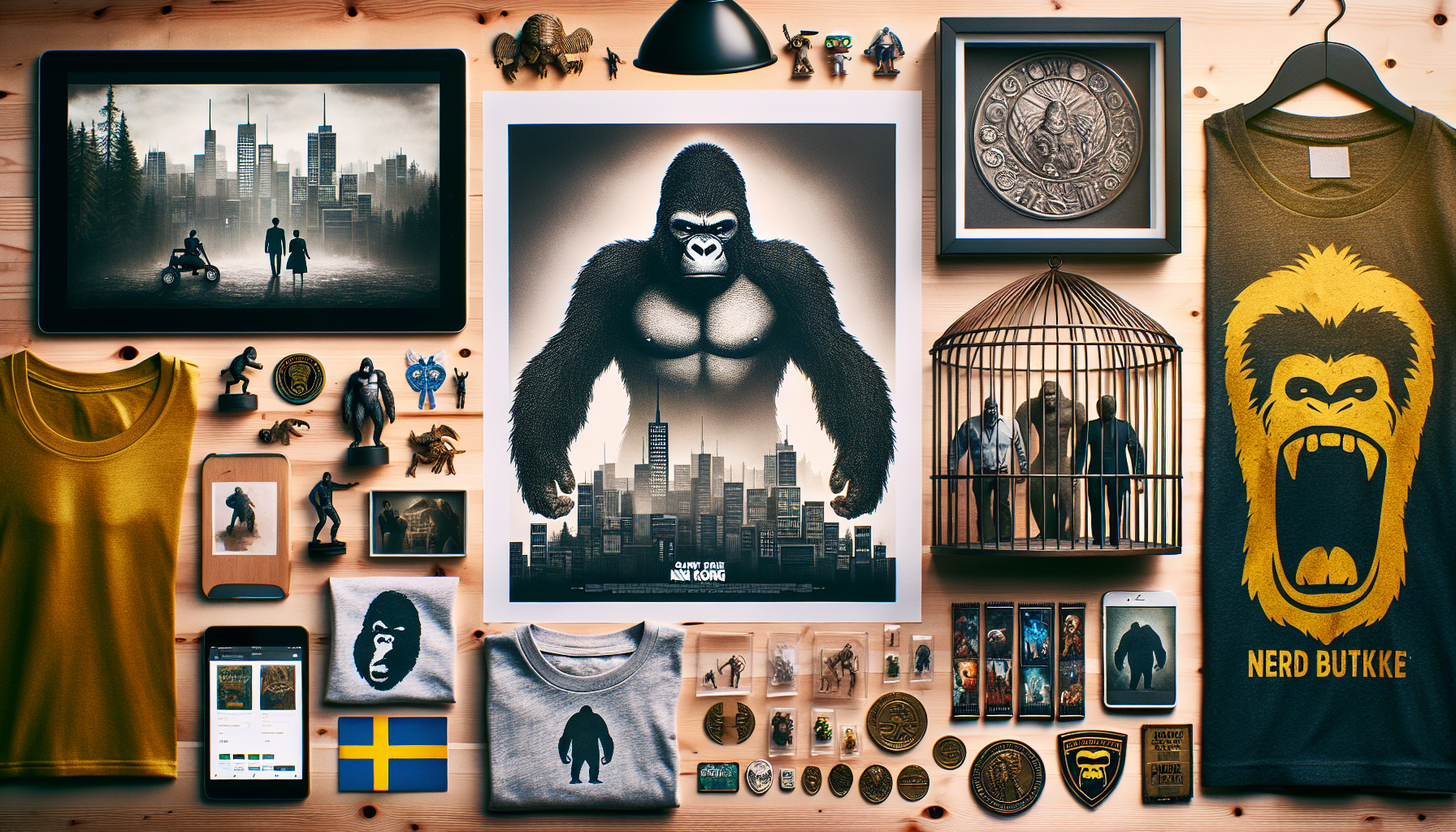 Flatlay with King Kong-inspired gorilla logo, collector figures, T-shirts, posters, steelbooks, and Swedish flag pin on desk, e-commerce theme