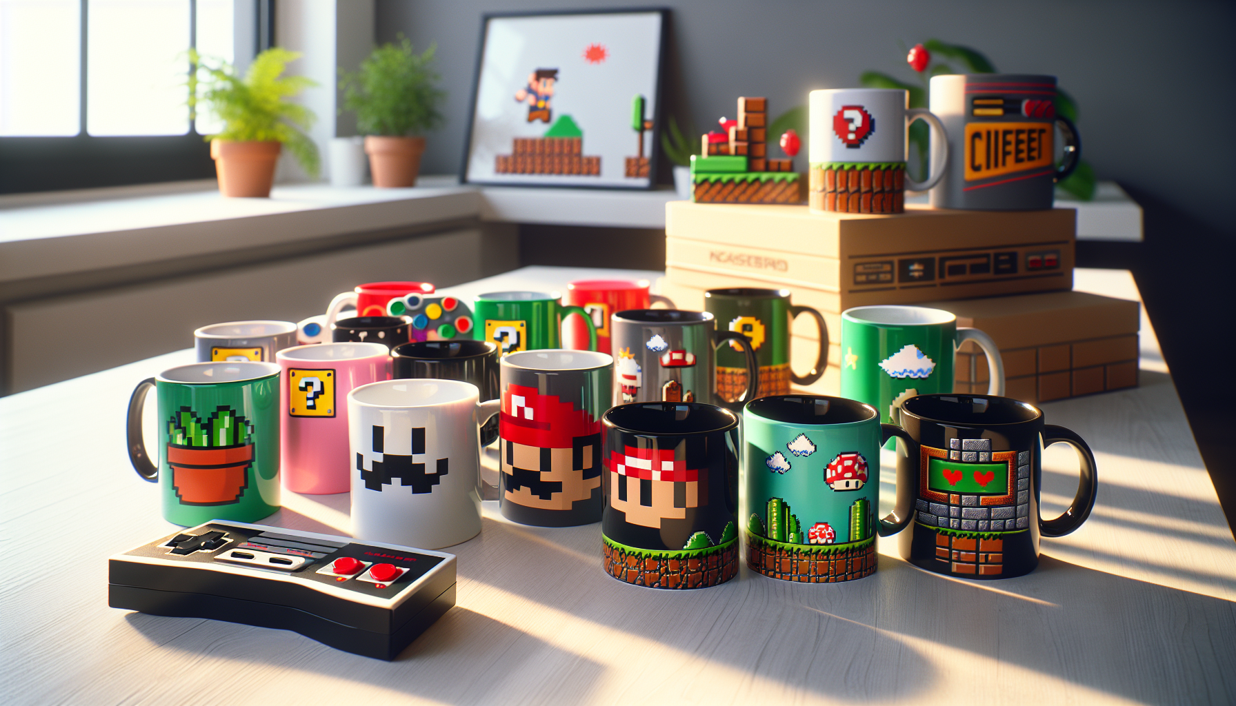 Colorful retro gaming mugs on a light desk surface, Nintendo-inspired 8-bit motifs, perfect product image for nerdy Super Mario mugs
