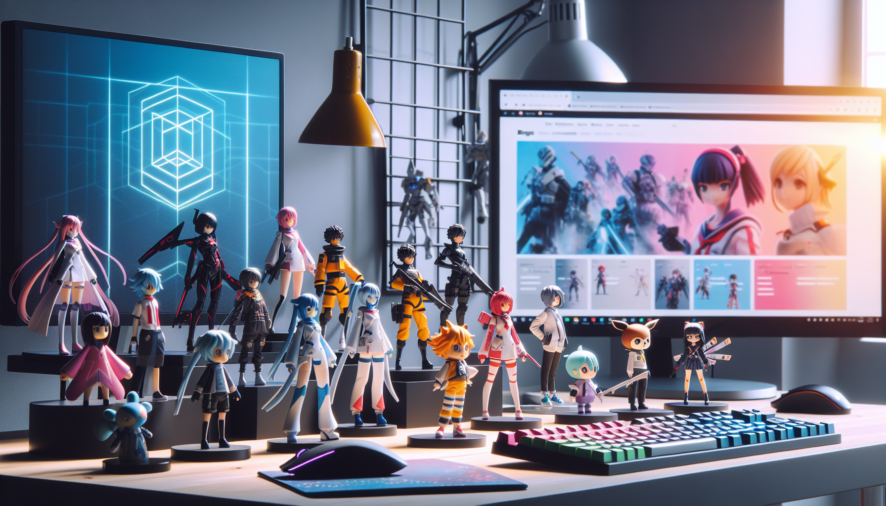 Snygg hylla med Heaven Burns Red‑inspirerade animefigurer i gamingrum, svensk flagga och laptop som visar webbshoppen Nerdbutiken.se