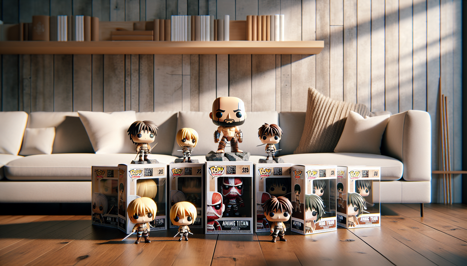 Skandinavisk hylla med animeinspirerade Pop‑figurer och samlarboxar, bloggbild för svensk guide om Attack on Titan‑figurer hos Nerdbutiken.se