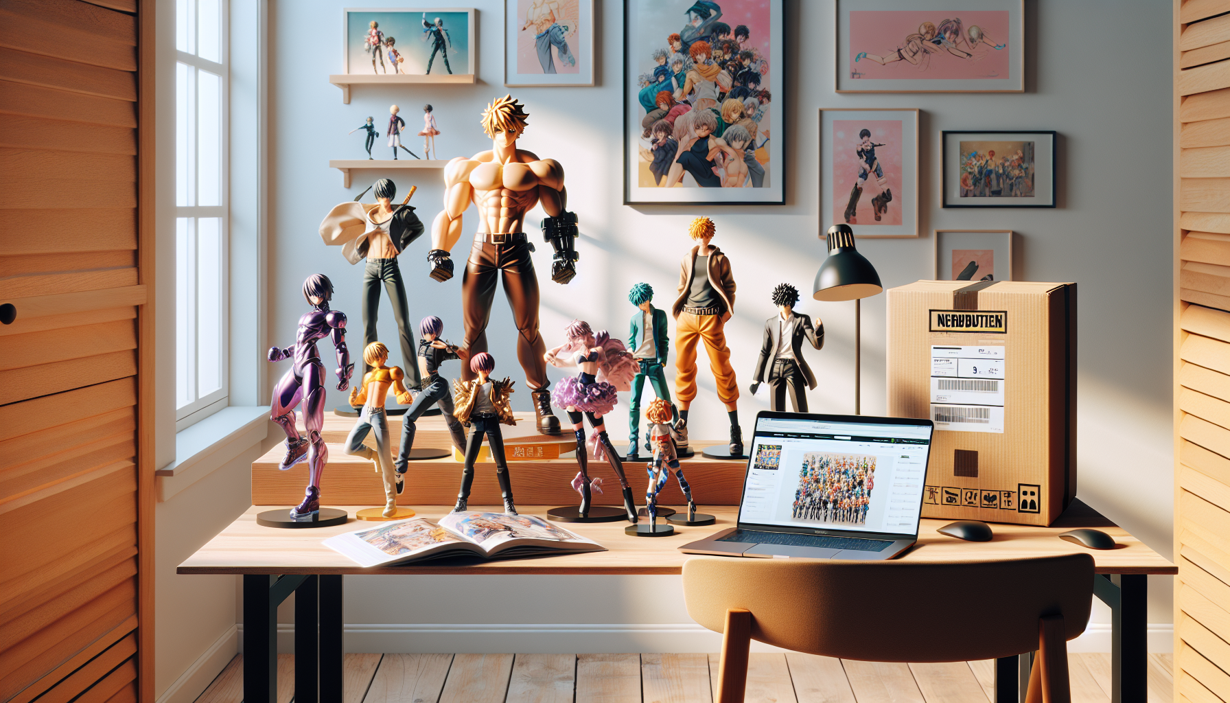 Ultra-realistic banner image with JoJo-like anime figures on a shelf, laptop with Nerdbutiken.se, and a Swedish nerd corner in Scandinavian style